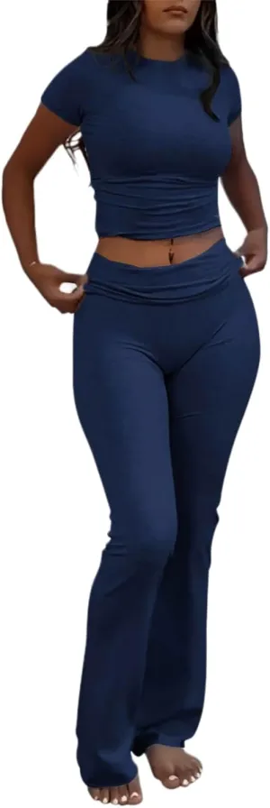 AYWA Women's 2 Piece Lounge Sets Short Sleeve Crop Top Foldover Flare Pants Casual Pajama Outfits