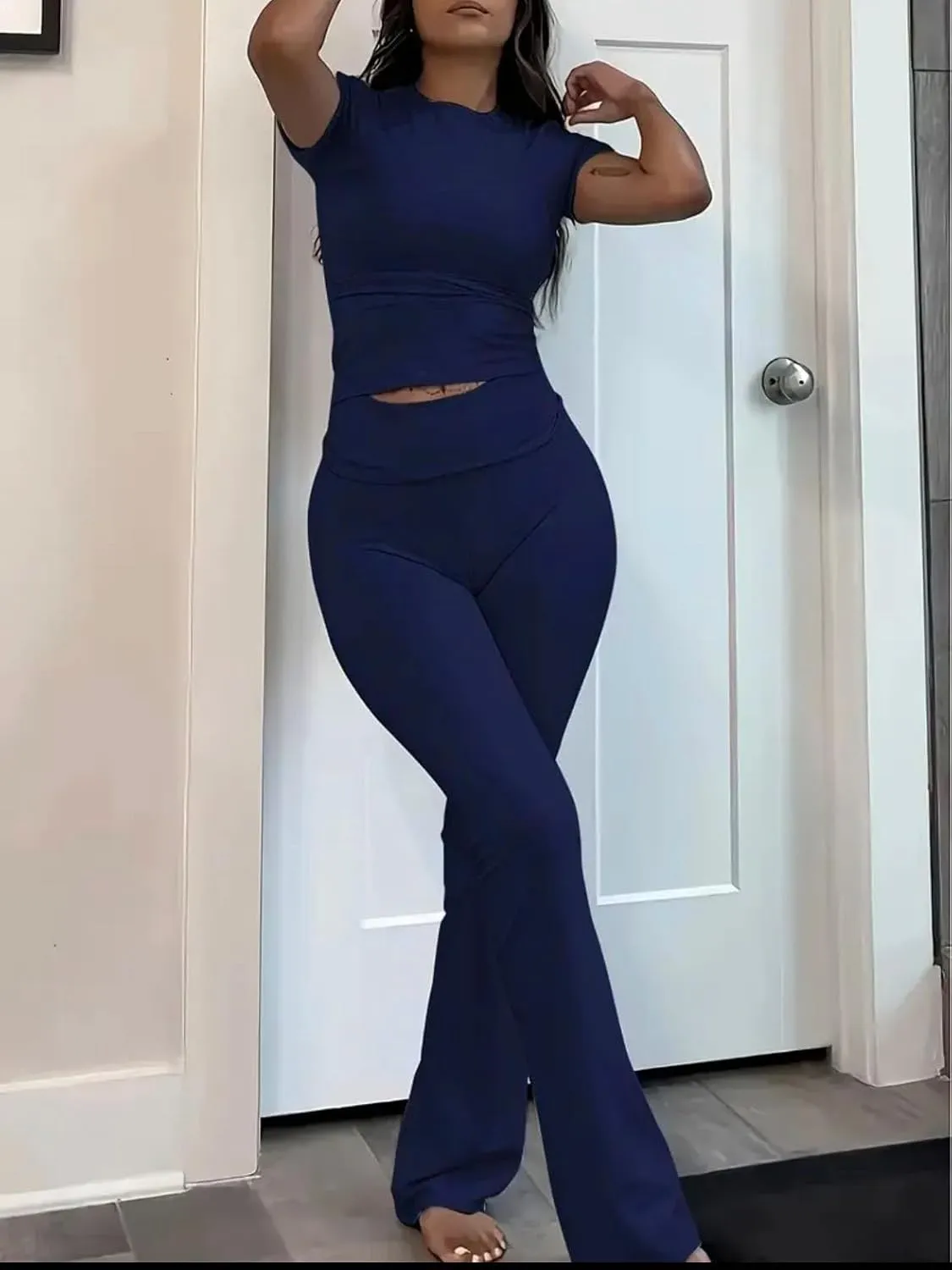 AYWA Women's 2 Piece Lounge Sets Short Sleeve Crop Top Foldover Flare Pants Casual Pajama Outfits