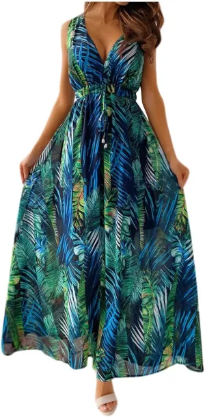 Beach Dresses for Women,2024 Summer Trendy Elegant Wrap V Neck Floral Boho Dress,Flowy Ruched Hawaiian Maxi Dress