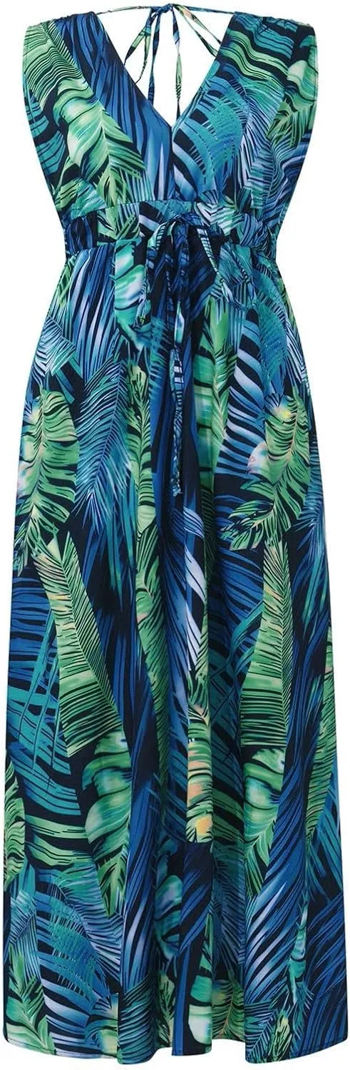 Beach Dresses for Women,2024 Summer Trendy Elegant Wrap V Neck Floral Boho Dress,Flowy Ruched Hawaiian Maxi Dress