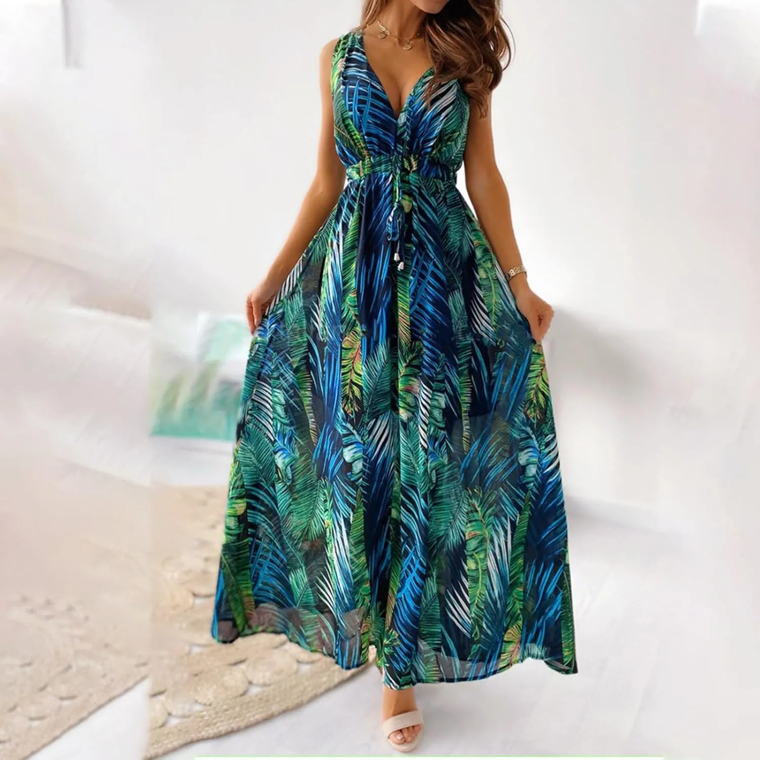 Beach Dresses for Women,2024 Summer Trendy Elegant Wrap V Neck Floral Boho Dress,Flowy Ruched Hawaiian Maxi Dress