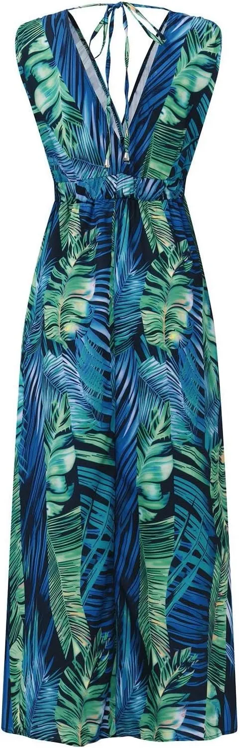 Beach Dresses for Women,2024 Summer Trendy Elegant Wrap V Neck Floral Boho Dress,Flowy Ruched Hawaiian Maxi Dress