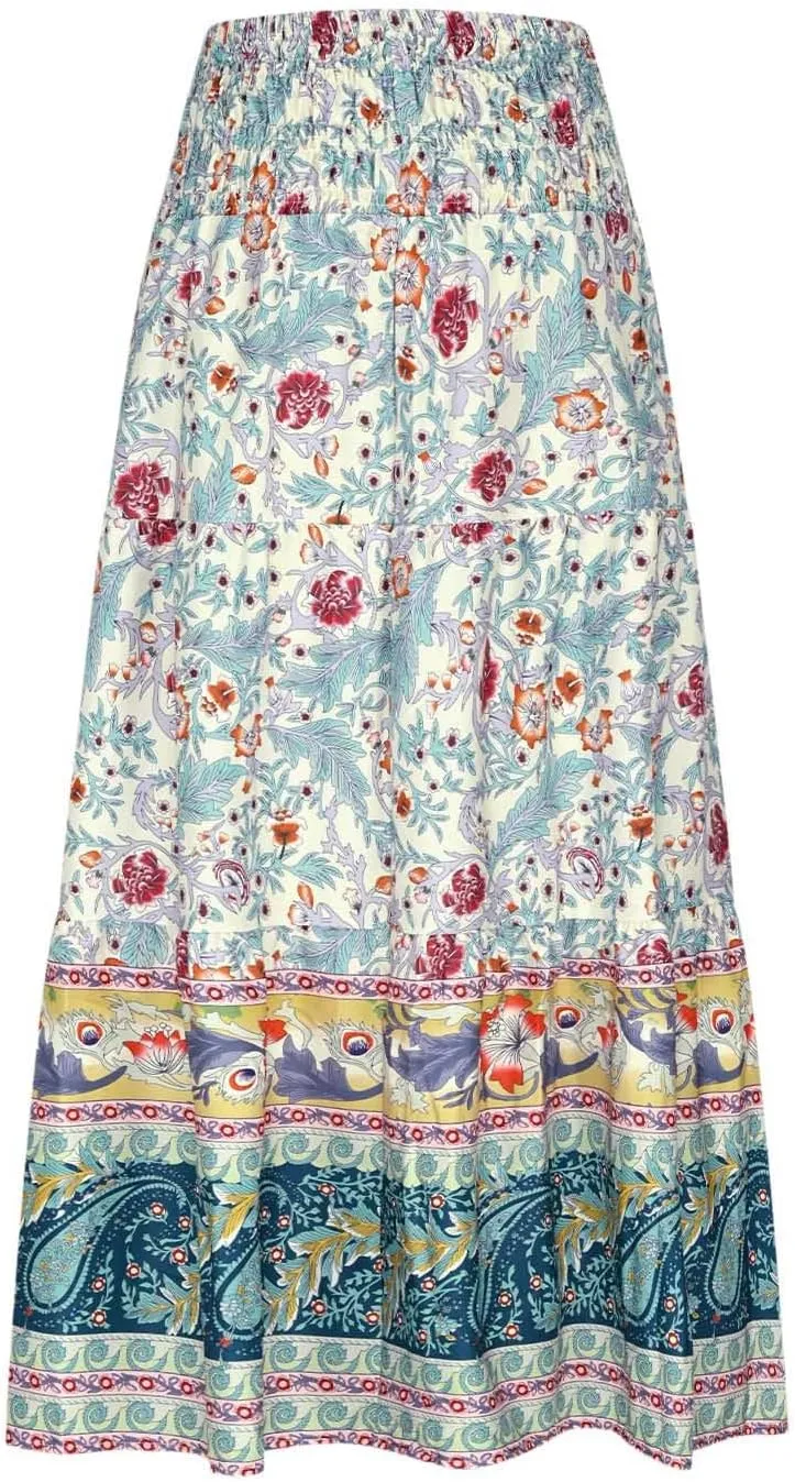 Boho Floral Pleated Long Skirts for Women Summer Casual Elastic High Waisted Skirts A-Line Flowy Swing Maxi Skirt