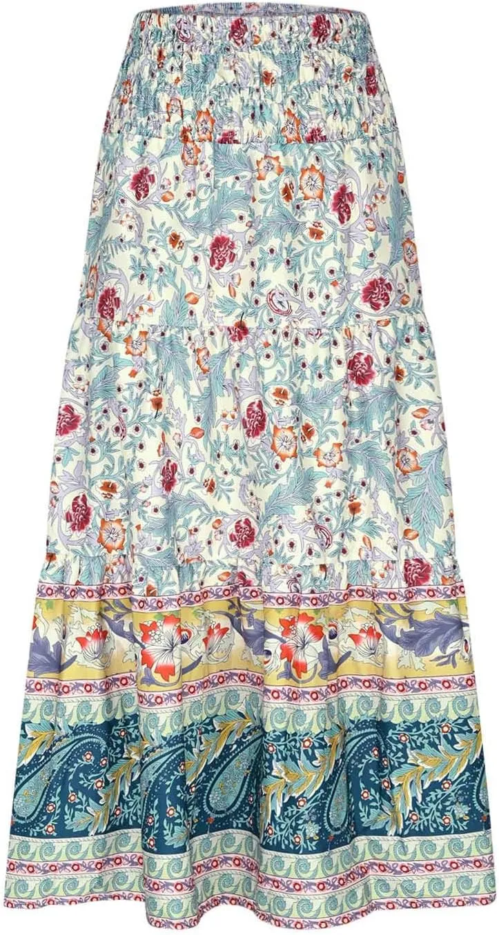 Boho Floral Pleated Long Skirts for Women Summer Casual Elastic High Waisted Skirts A-Line Flowy Swing Maxi Skirt