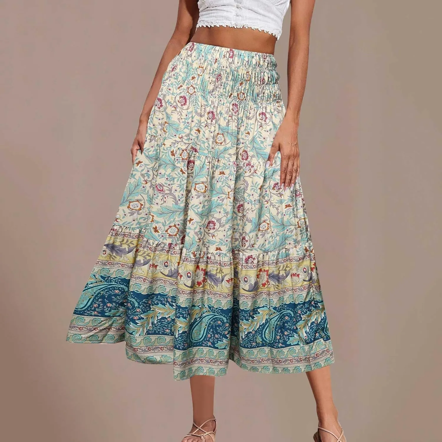 Boho Floral Pleated Long Skirts for Women Summer Casual Elastic High Waisted Skirts A-Line Flowy Swing Maxi Skirt