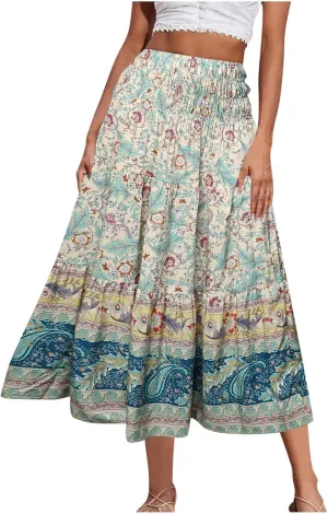 Boho Floral Pleated Long Skirts for Women Summer Casual Elastic High Waisted Skirts A-Line Flowy Swing Maxi Skirt