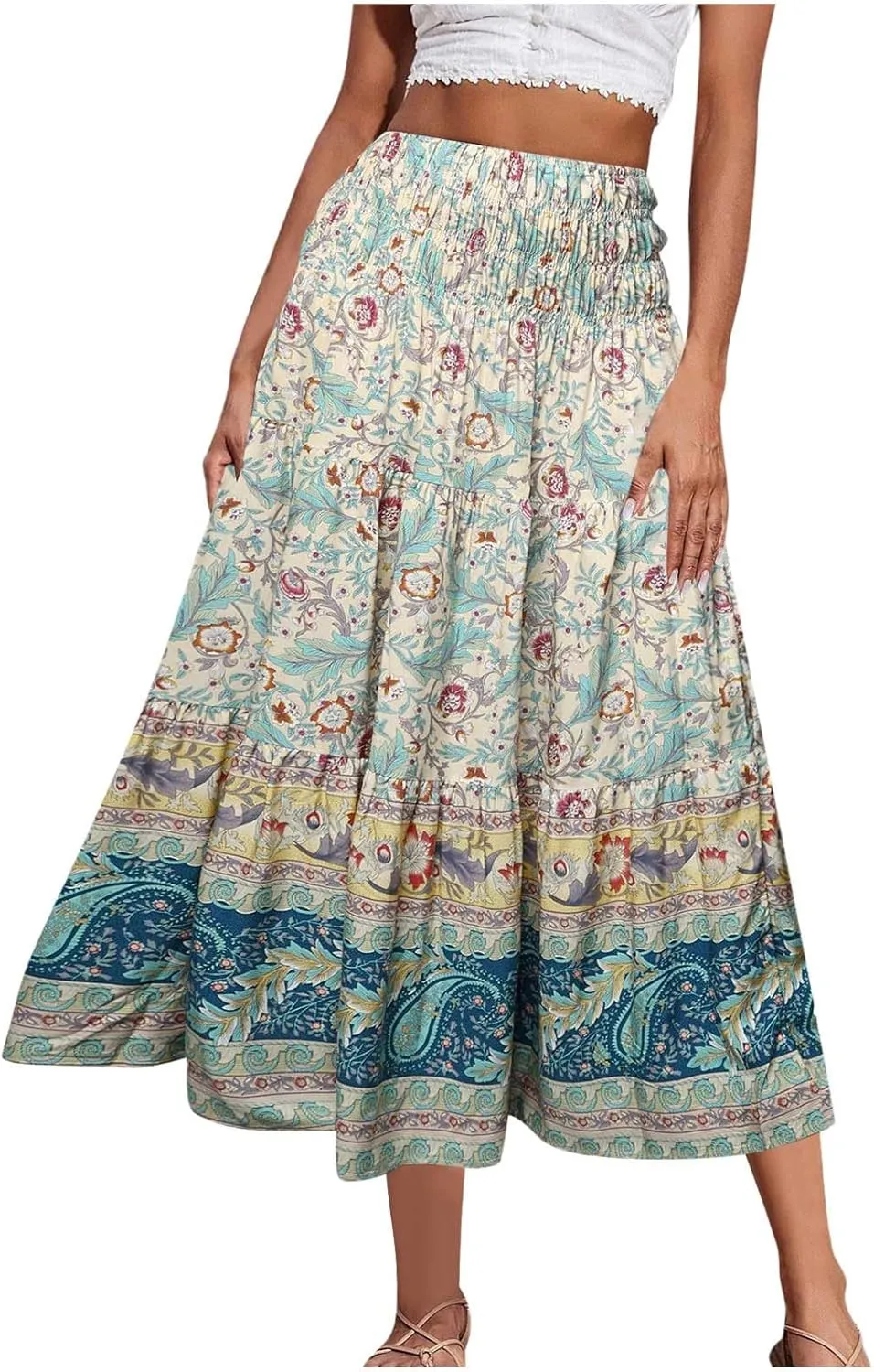 Boho Floral Pleated Long Skirts for Women Summer Casual Elastic High Waisted Skirts A-Line Flowy Swing Maxi Skirt