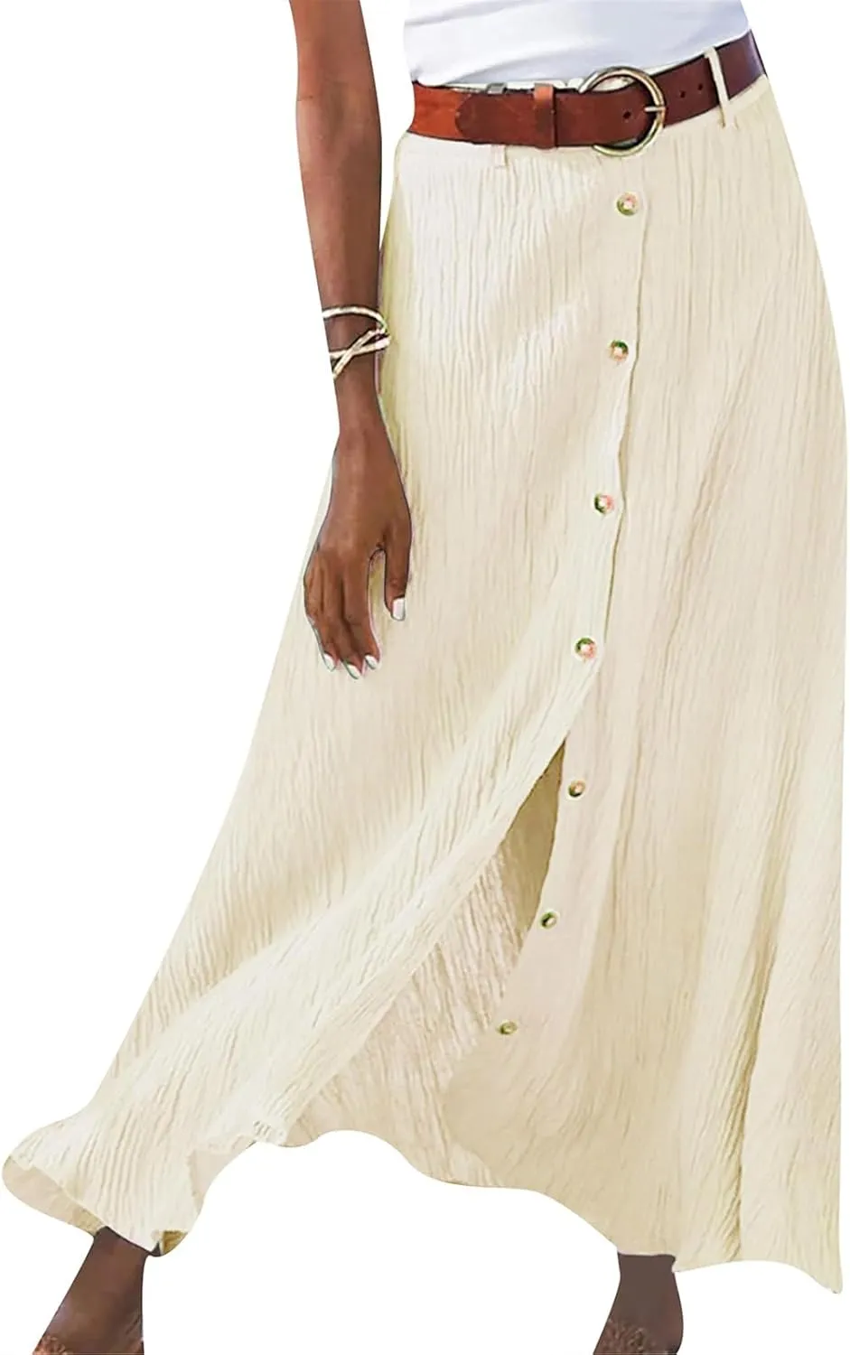Button Down Maxi Skirts for Women Cotten Linen A Line Beach Long Skirts Casual Loose Flowy Swing Slit Front Dress