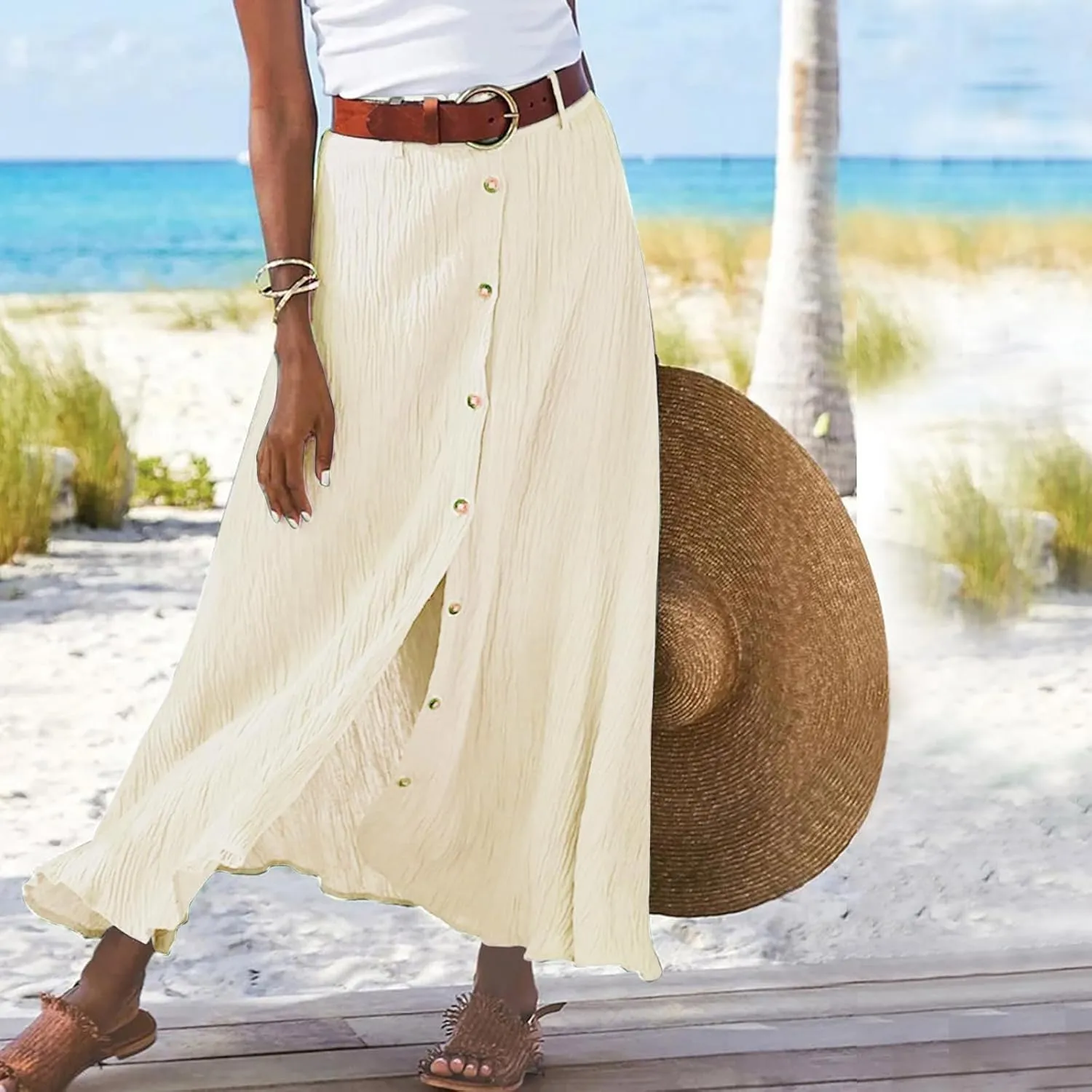 Button Down Maxi Skirts for Women Cotten Linen A Line Beach Long Skirts Casual Loose Flowy Swing Slit Front Dress