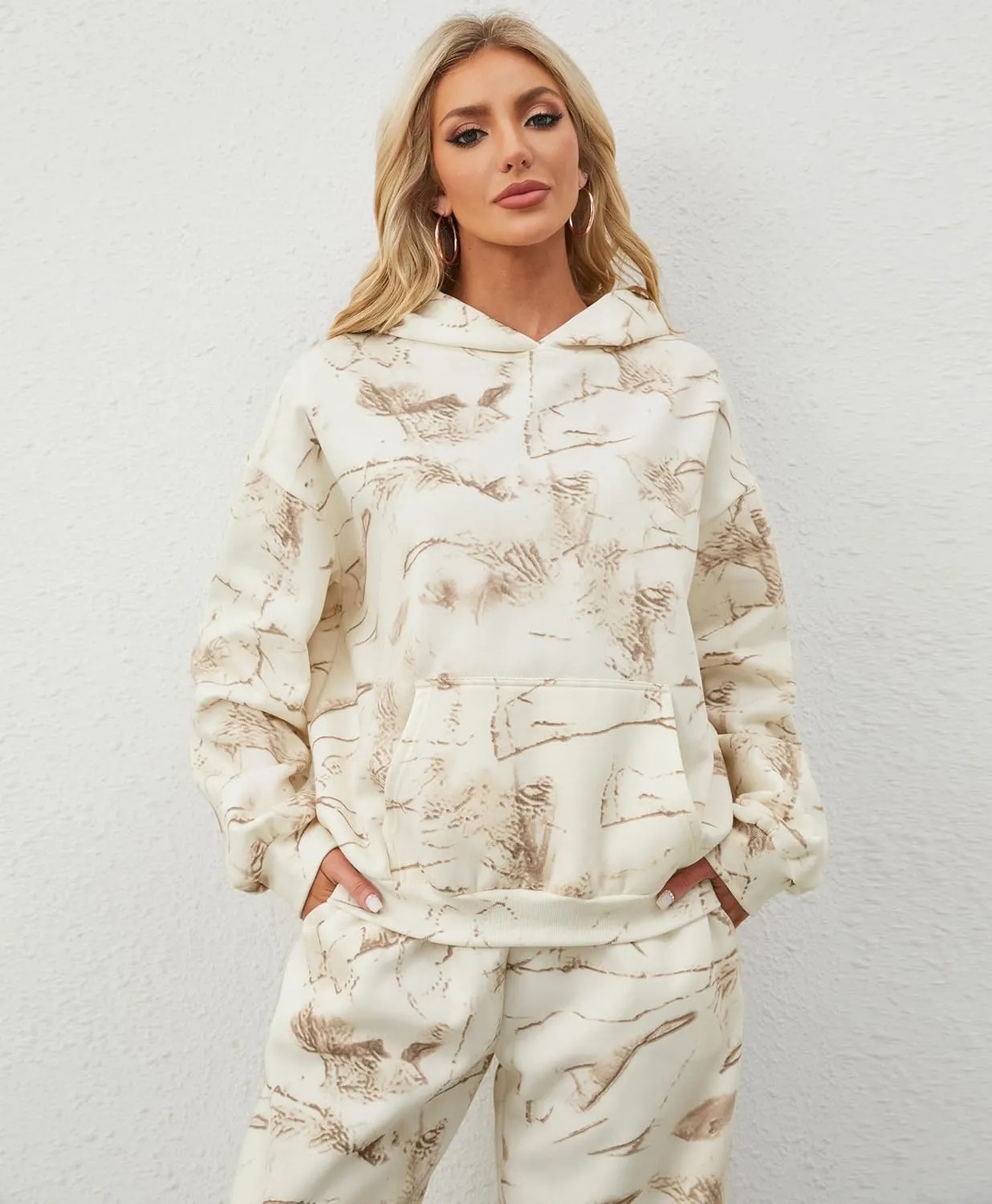 Camo Sweatsuits for Women Set 2 Piece Camo Hoodies Maple Leaf Print Oversized Sweatshirt Lounge Sets Fall Outfits