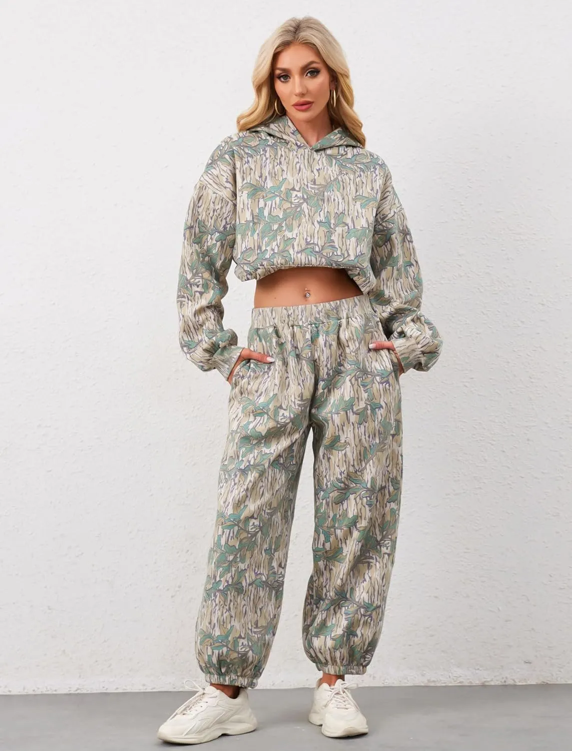 Camo Sweatsuits for Women Set 2 Piece Camo Hoodies Maple Leaf Print Oversized Sweatshirt Lounge Sets Fall Outfits