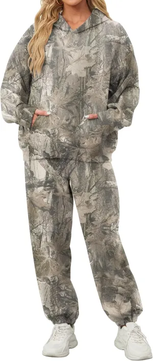 Camo Sweatsuits for Women Set 2 Piece Camo Hoodies Maple Leaf Print Oversized Sweatshirt Lounge Sets Fall Outfits