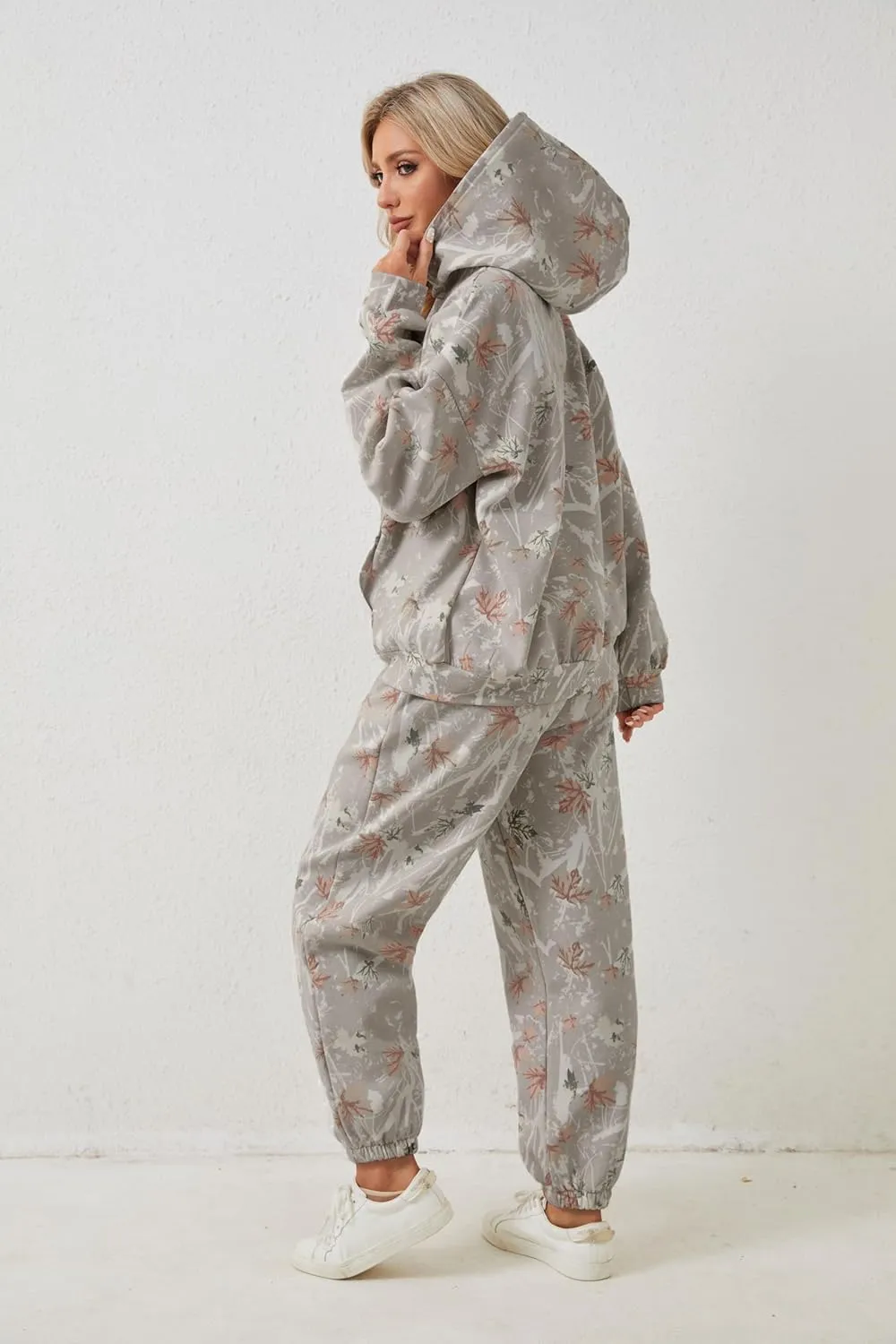 Camo Sweatsuits for Women Set 2 Piece Camo Hoodies Maple Leaf Print Oversized Sweatshirt Lounge Sets Fall Outfits