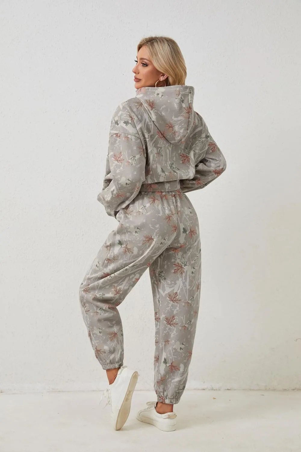 Camo Sweatsuits for Women Set 2 Piece Camo Hoodies Maple Leaf Print Oversized Sweatshirt Lounge Sets Fall Outfits