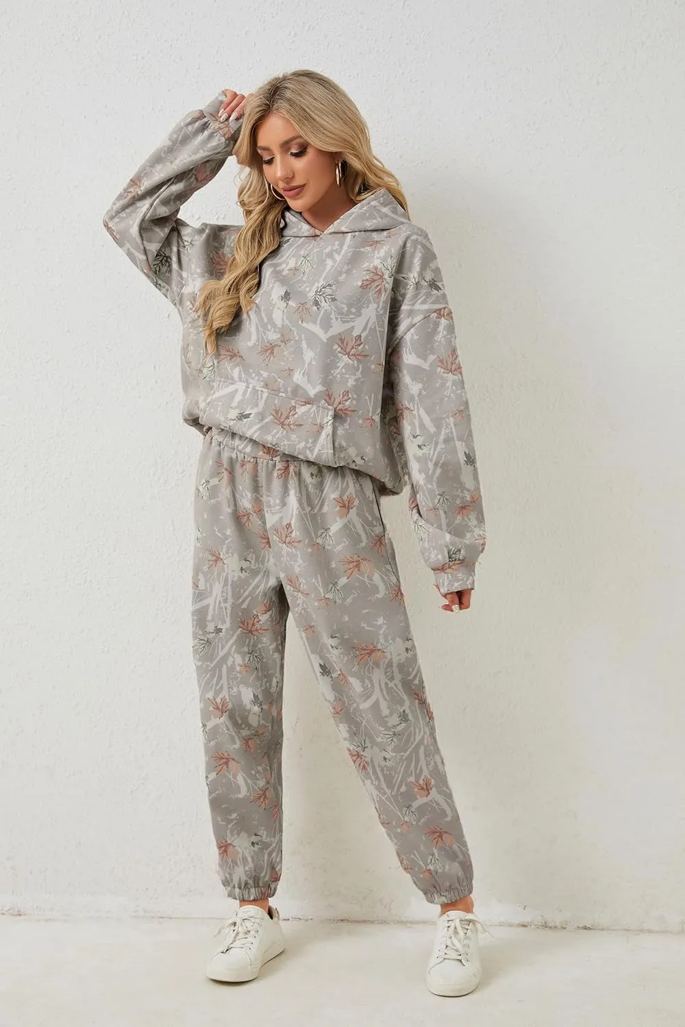 Camo Sweatsuits for Women Set 2 Piece Camo Hoodies Maple Leaf Print Oversized Sweatshirt Lounge Sets Fall Outfits