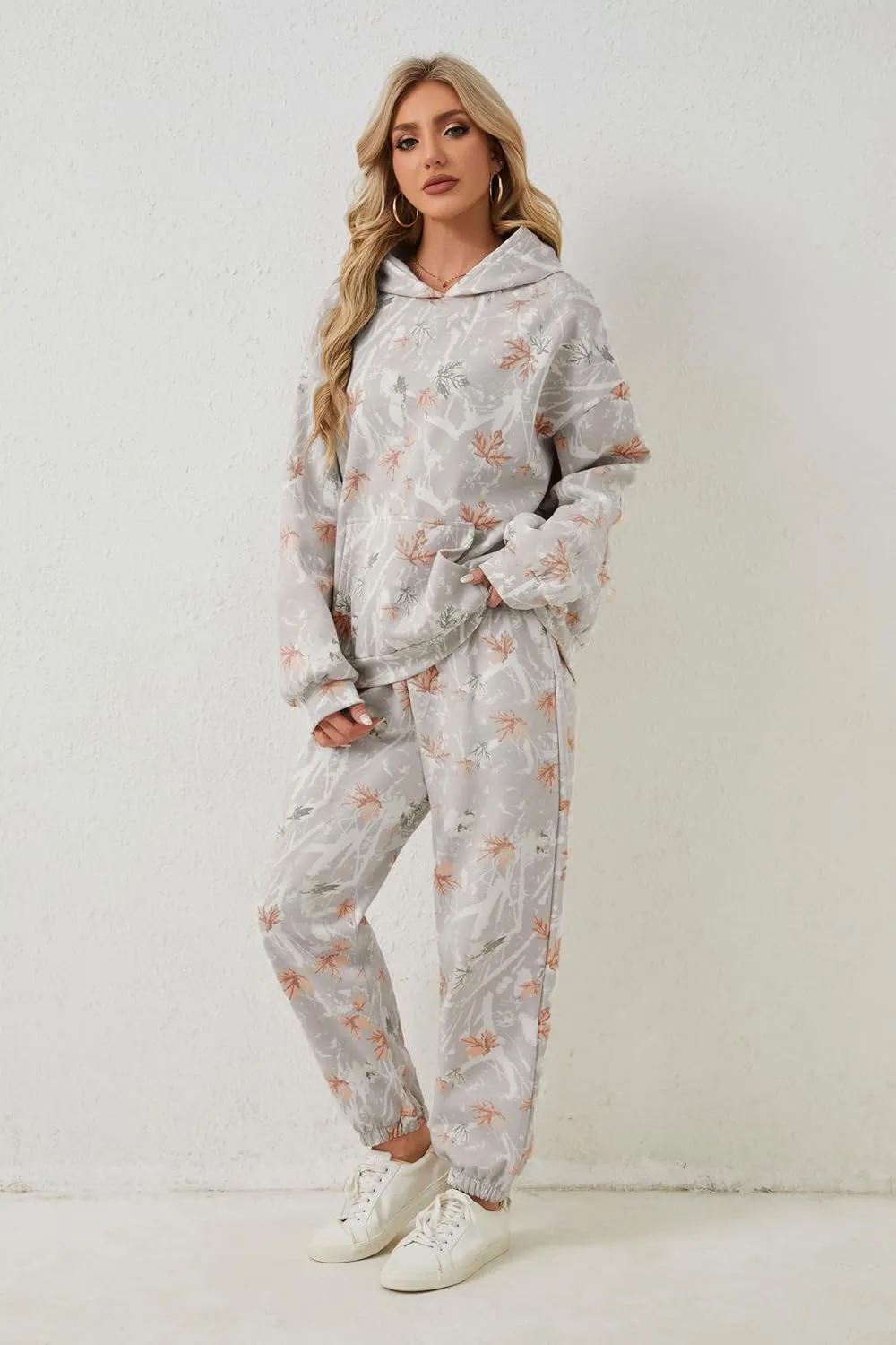 Camo Sweatsuits for Women Set 2 Piece Camo Hoodies Maple Leaf Print Oversized Sweatshirt Lounge Sets Fall Outfits