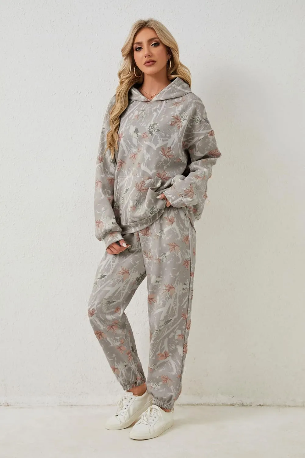 Camo Sweatsuits for Women Set 2 Piece Camo Hoodies Maple Leaf Print Oversized Sweatshirt Lounge Sets Fall Outfits