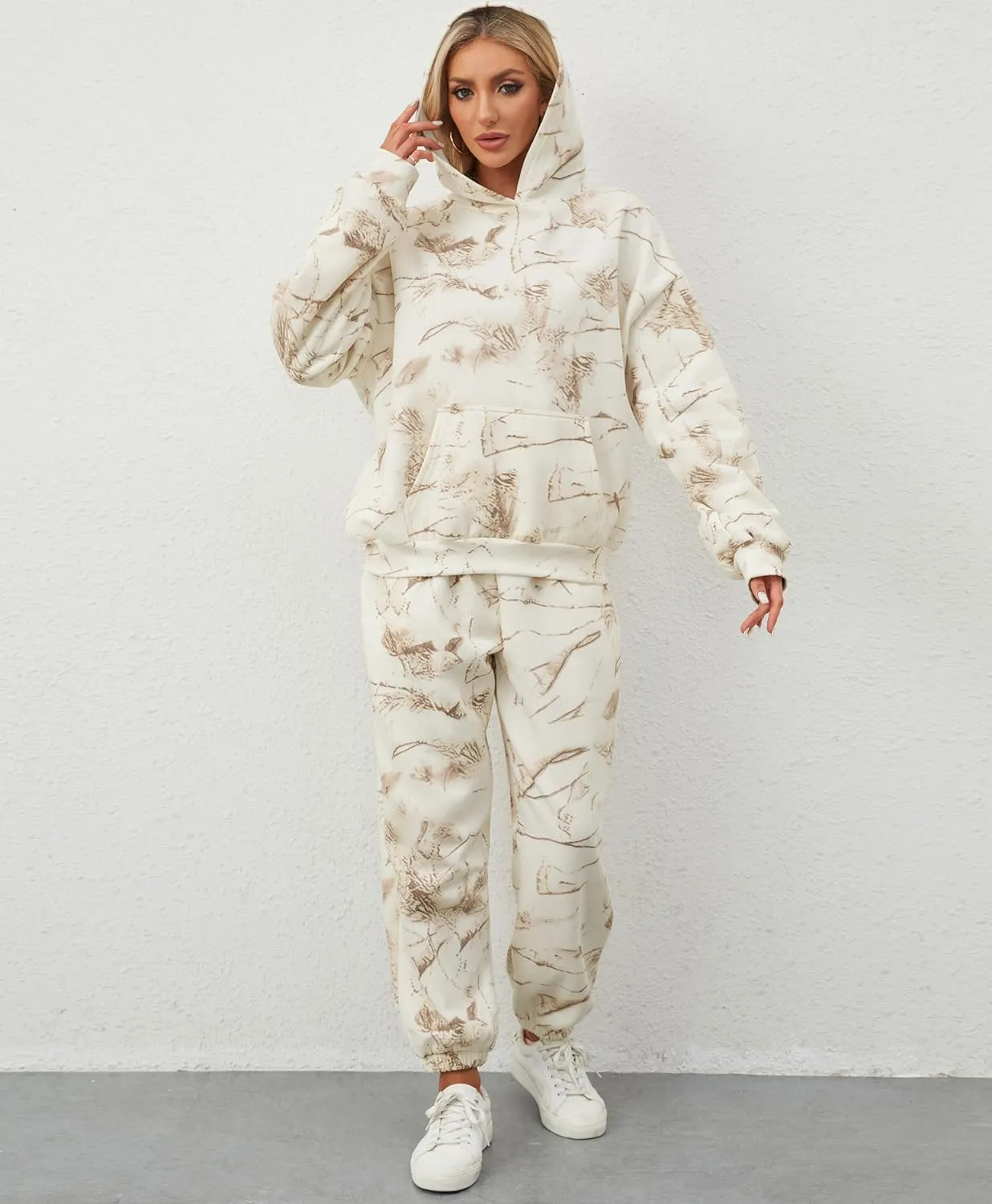 Camo Sweatsuits for Women Set 2 Piece Camo Hoodies Maple Leaf Print Oversized Sweatshirt Lounge Sets Fall Outfits