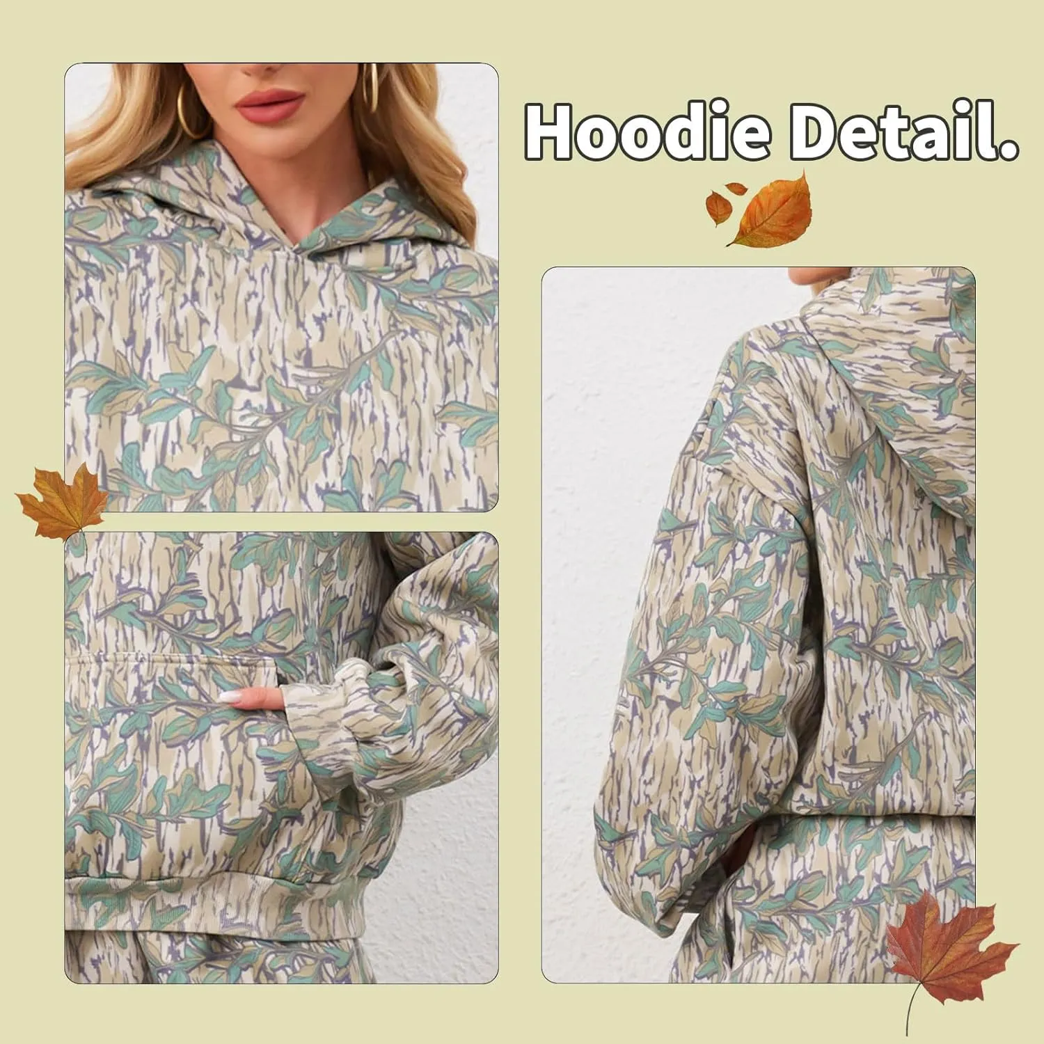 Camo Sweatsuits for Women Set 2 Piece Camo Hoodies Maple Leaf Print Oversized Sweatshirt Lounge Sets Fall Outfits