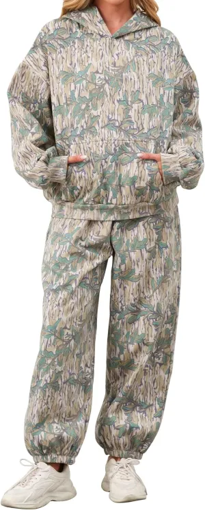 Camo Sweatsuits for Women Set 2 Piece Camo Hoodies Maple Leaf Print Oversized Sweatshirt Lounge Sets Fall Outfits