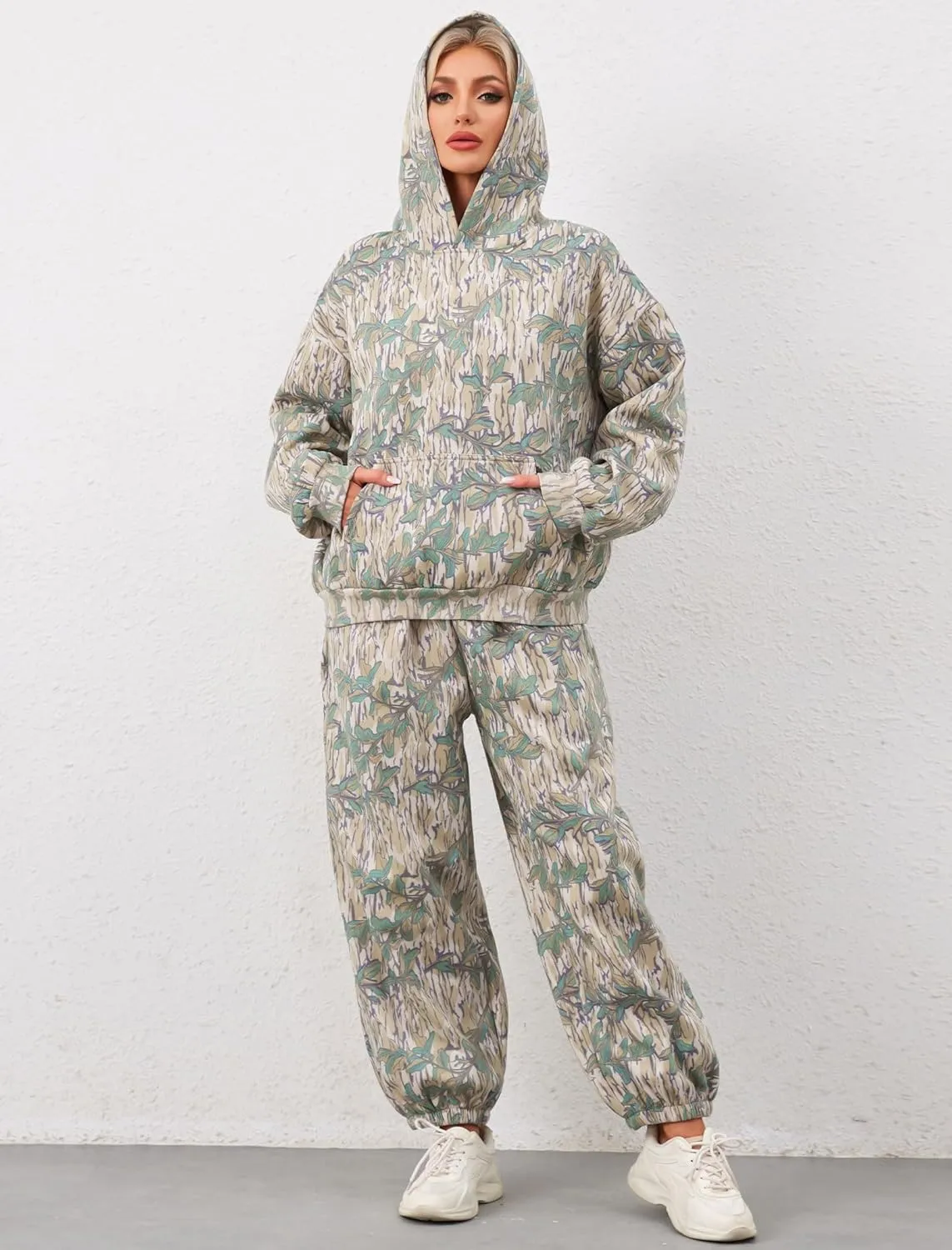 Camo Sweatsuits for Women Set 2 Piece Camo Hoodies Maple Leaf Print Oversized Sweatshirt Lounge Sets Fall Outfits