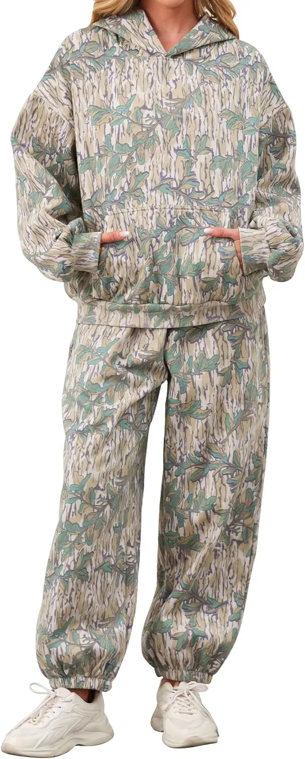 Camo Sweatsuits for Women Set 2 Piece Camo Hoodies Maple Leaf Print Oversized Sweatshirt Lounge Sets Fall Outfits
