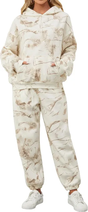 Camo Sweatsuits for Women Set 2 Piece Camo Hoodies Maple Leaf Print Oversized Sweatshirt Lounge Sets Fall Outfits