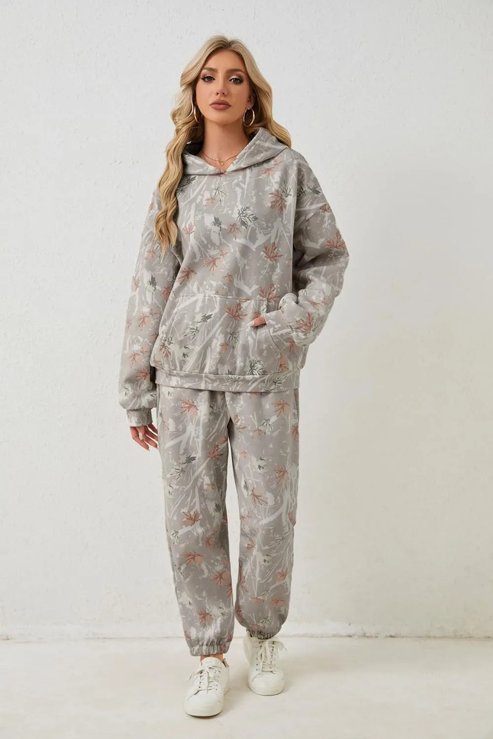 Camo Sweatsuits for Women Set 2 Piece Camo Hoodies Maple Leaf Print Oversized Sweatshirt Lounge Sets Fall Outfits