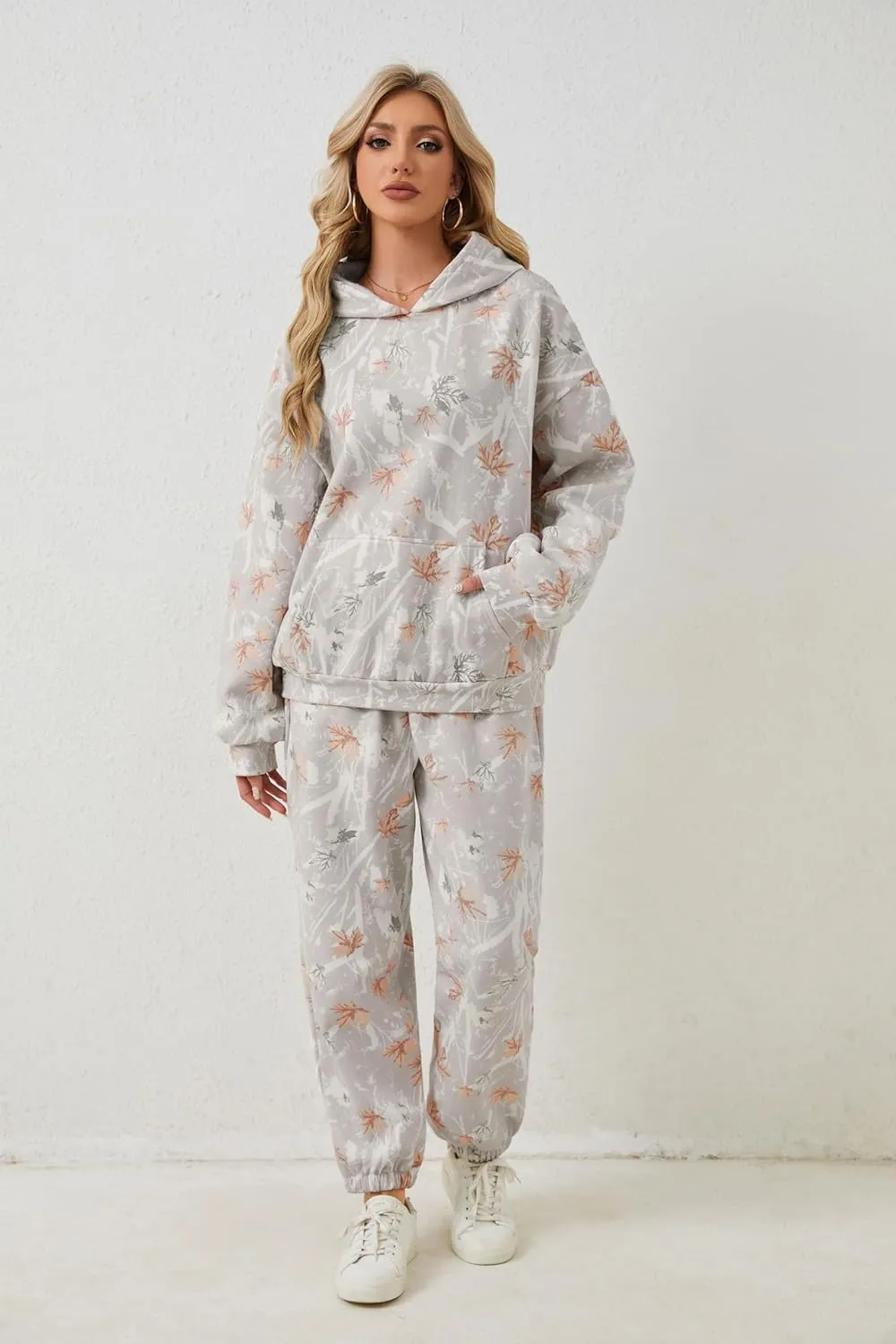 Camo Sweatsuits for Women Set 2 Piece Camo Hoodies Maple Leaf Print Oversized Sweatshirt Lounge Sets Fall Outfits