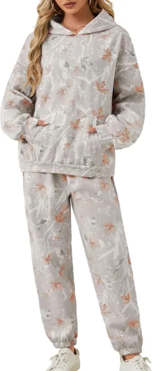 Camo Sweatsuits for Women Set 2 Piece Camo Hoodies Maple Leaf Print Oversized Sweatshirt Lounge Sets Fall Outfits