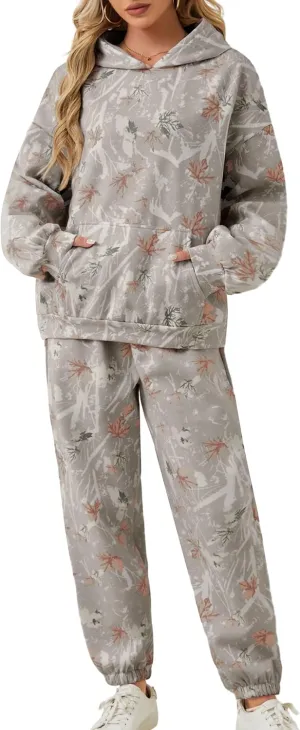 Camo Sweatsuits for Women Set 2 Piece Camo Hoodies Maple Leaf Print Oversized Sweatshirt Lounge Sets Fall Outfits