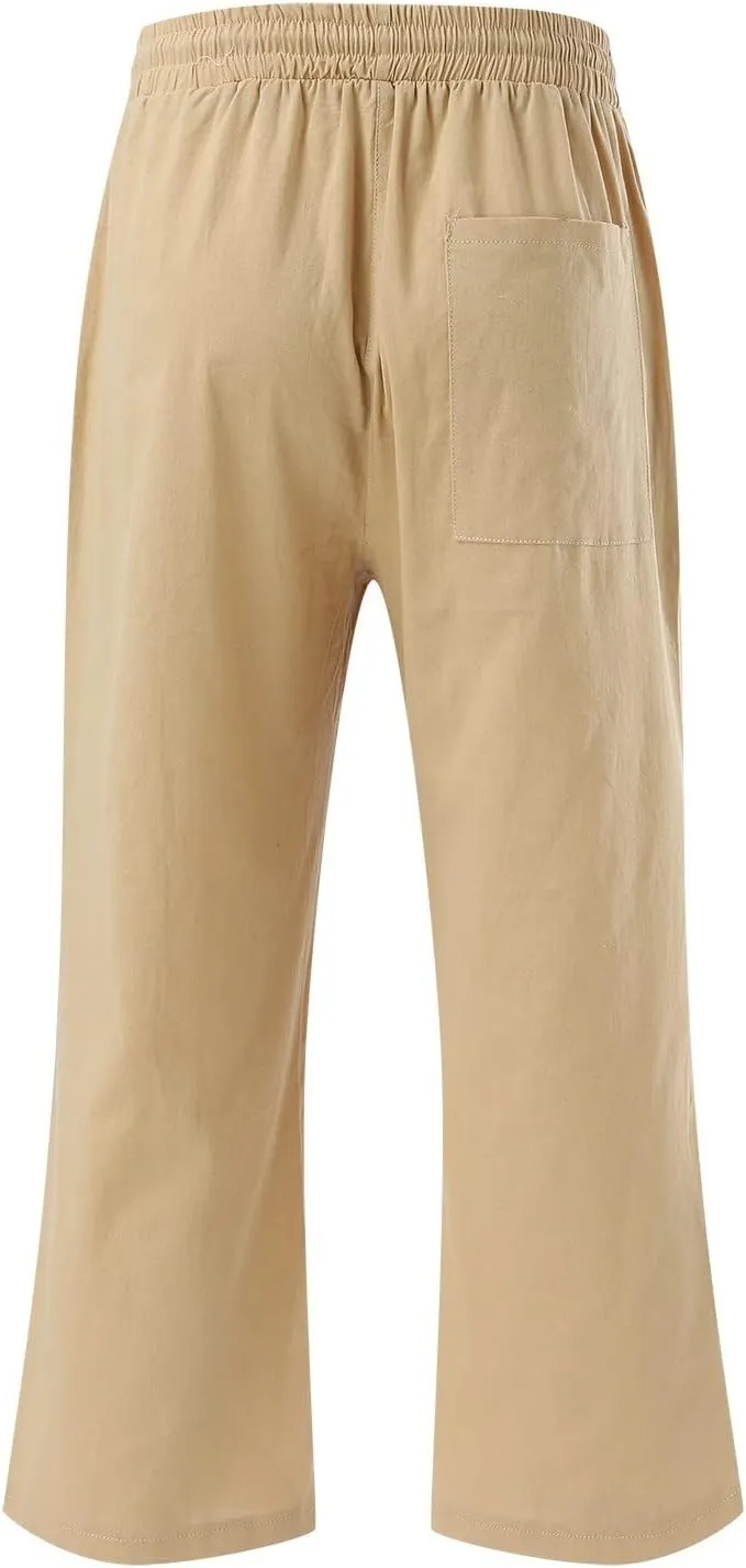 Capris Pants for Women Cotton Linen Casual Summer Straight Leg Loose Drawstring Elastic Waist Cropped Trousers