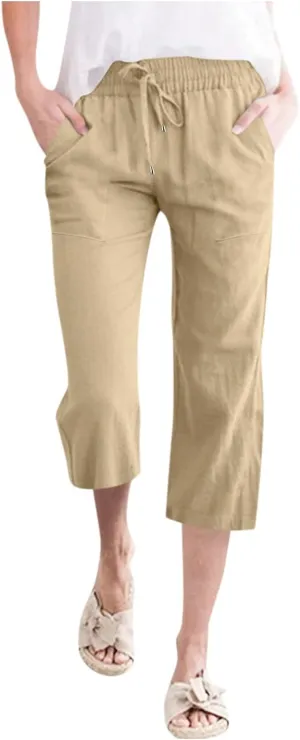 Capris Pants for Women Cotton Linen Casual Summer Straight Leg Loose Drawstring Elastic Waist Cropped Trousers