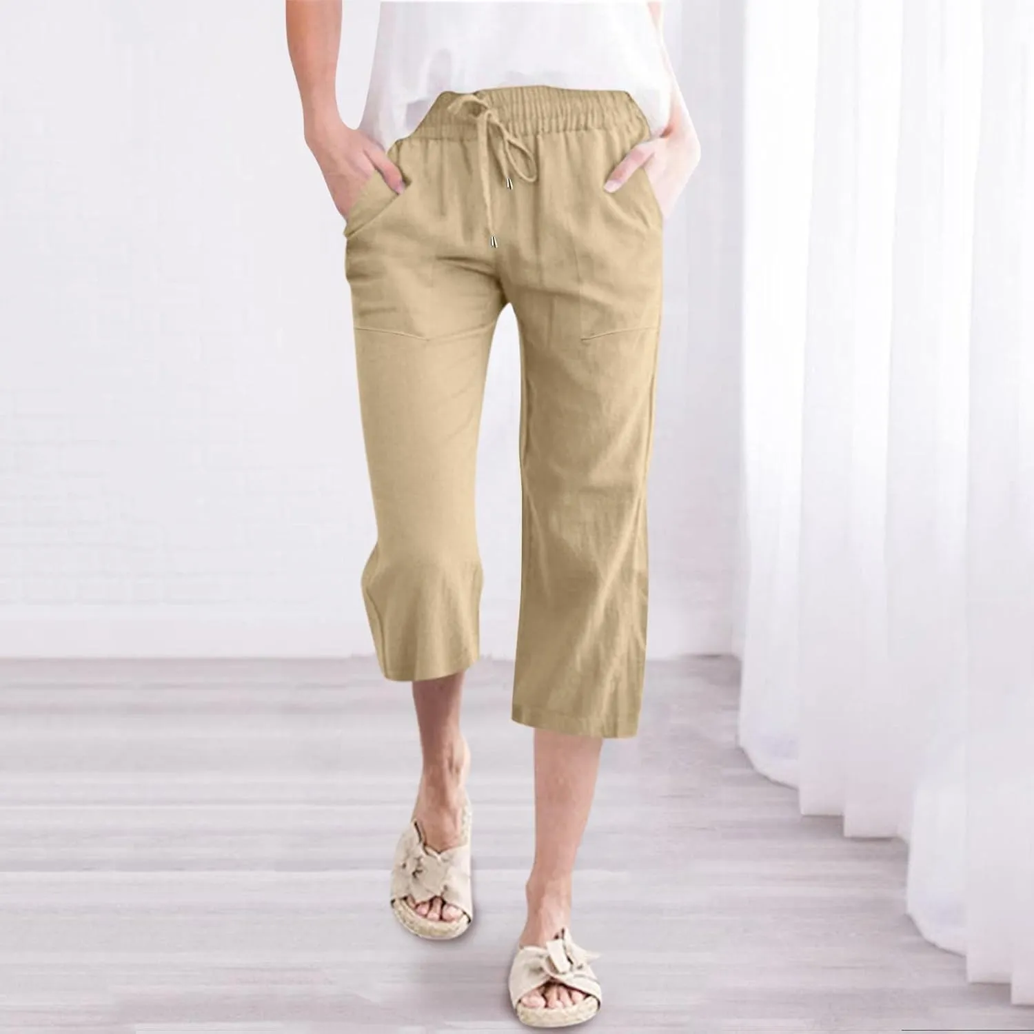 Capris Pants for Women Cotton Linen Casual Summer Straight Leg Loose Drawstring Elastic Waist Cropped Trousers