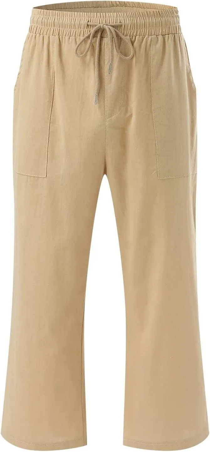 Capris Pants for Women Cotton Linen Casual Summer Straight Leg Loose Drawstring Elastic Waist Cropped Trousers
