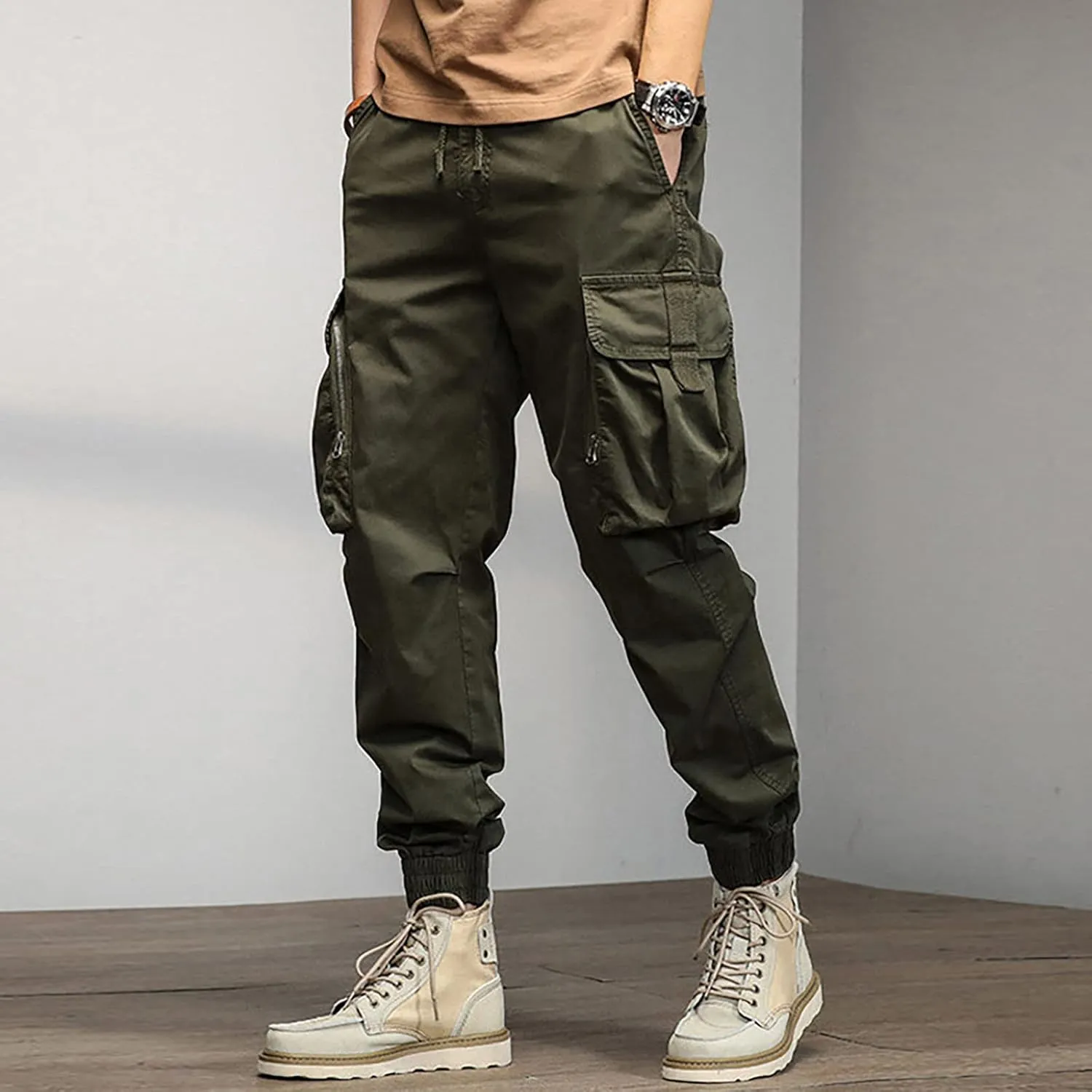 Cargo Trousers for Men Rope Loose Heavyweight Loose Sports Trousers Pockets Pant Mens Cotton Linen Pants Loose Casual
