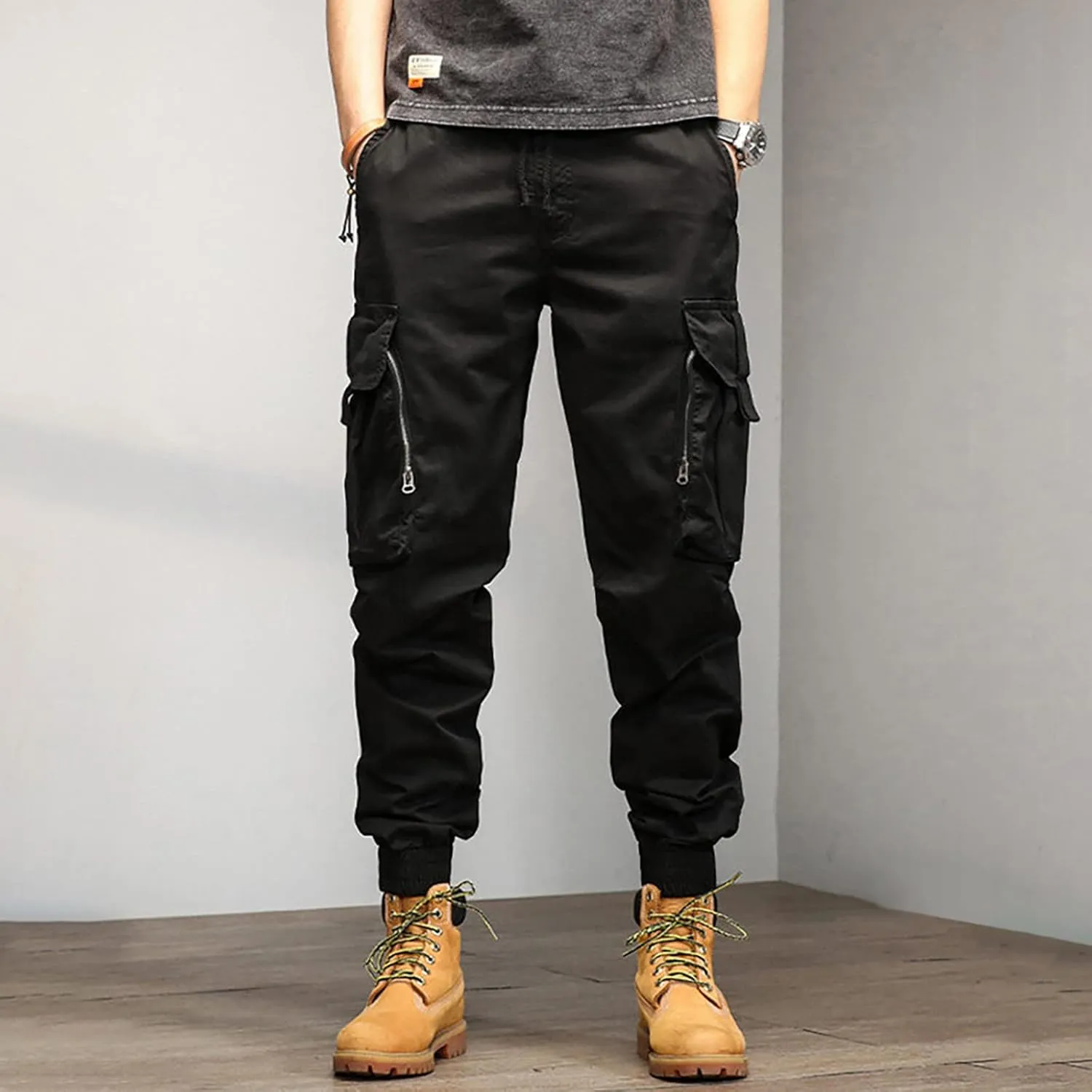 Cargo Trousers for Men Rope Loose Heavyweight Loose Sports Trousers Pockets Pant Mens Cotton Linen Pants Loose Casual