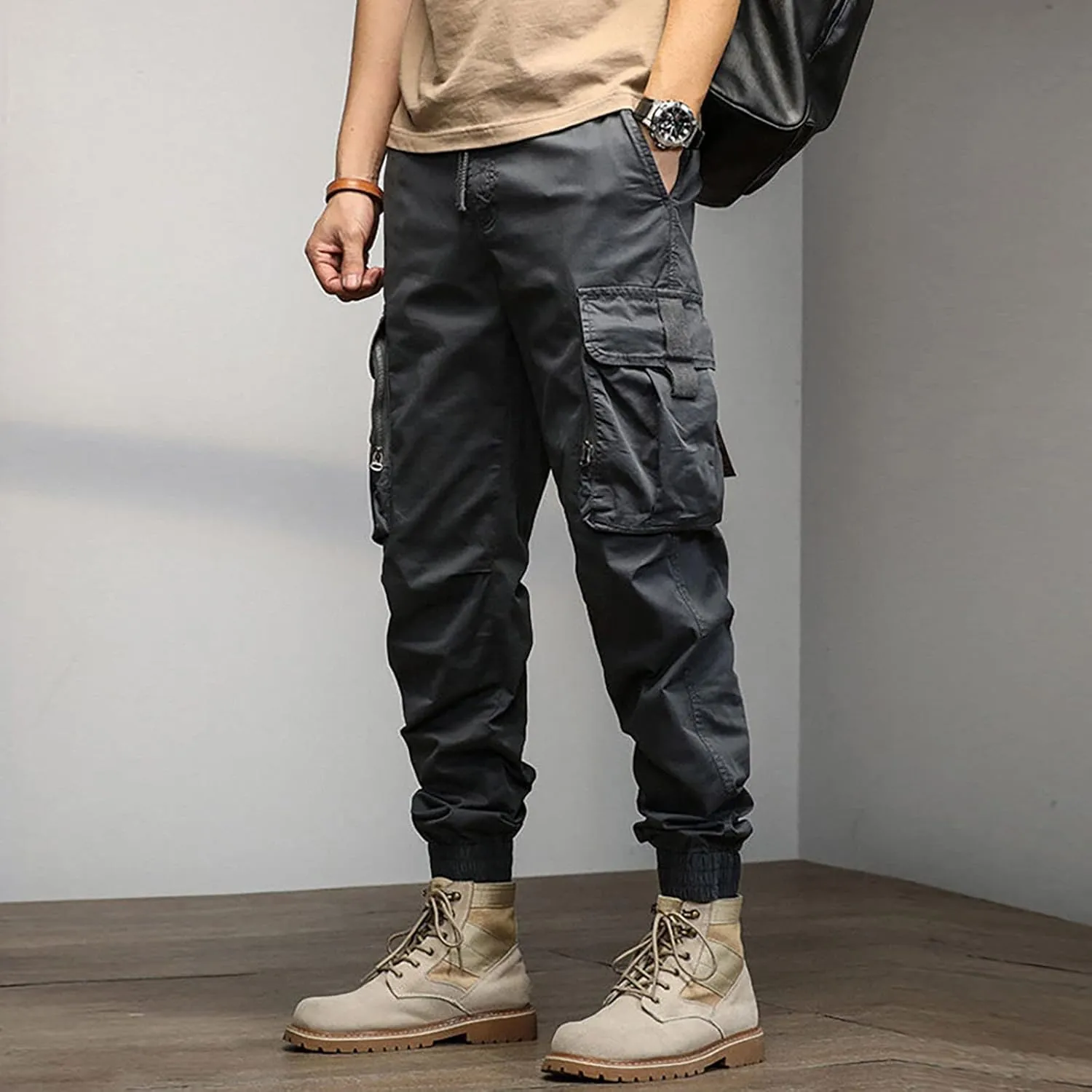Cargo Trousers for Men Rope Loose Heavyweight Loose Sports Trousers Pockets Pant Mens Cotton Linen Pants Loose Casual