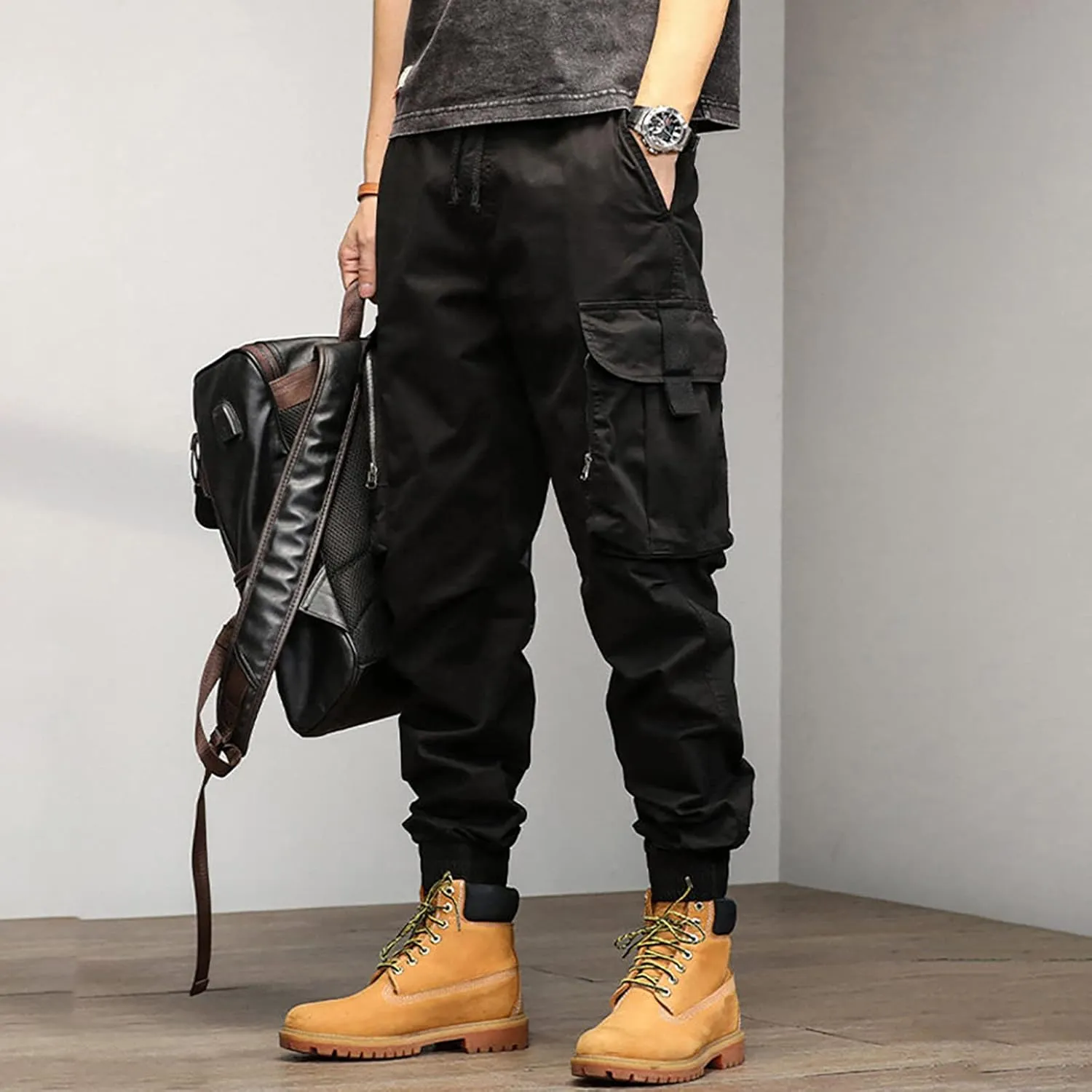 Cargo Trousers for Men Rope Loose Heavyweight Loose Sports Trousers Pockets Pant Mens Cotton Linen Pants Loose Casual