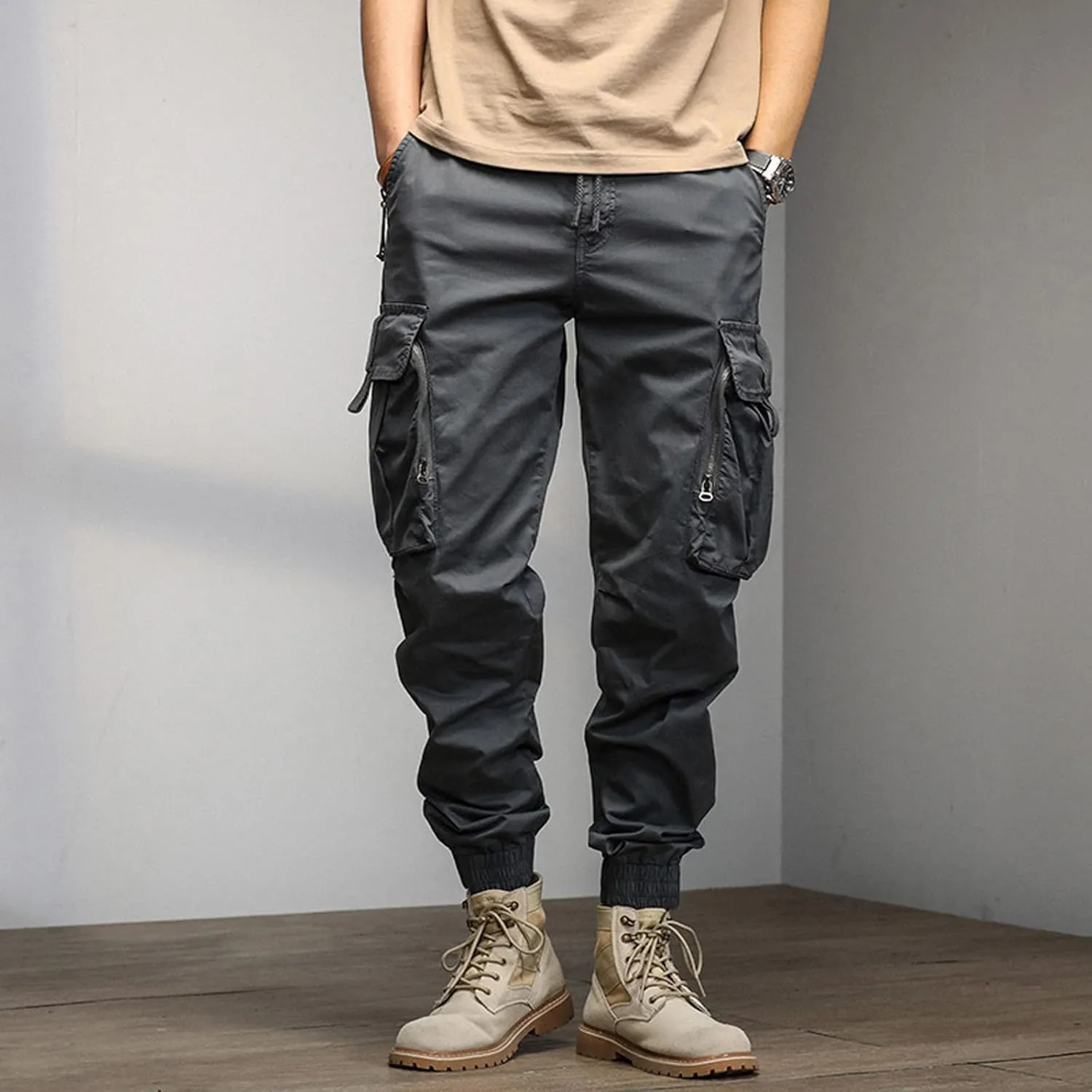 Cargo Trousers for Men Rope Loose Heavyweight Loose Sports Trousers Pockets Pant Mens Cotton Linen Pants Loose Casual