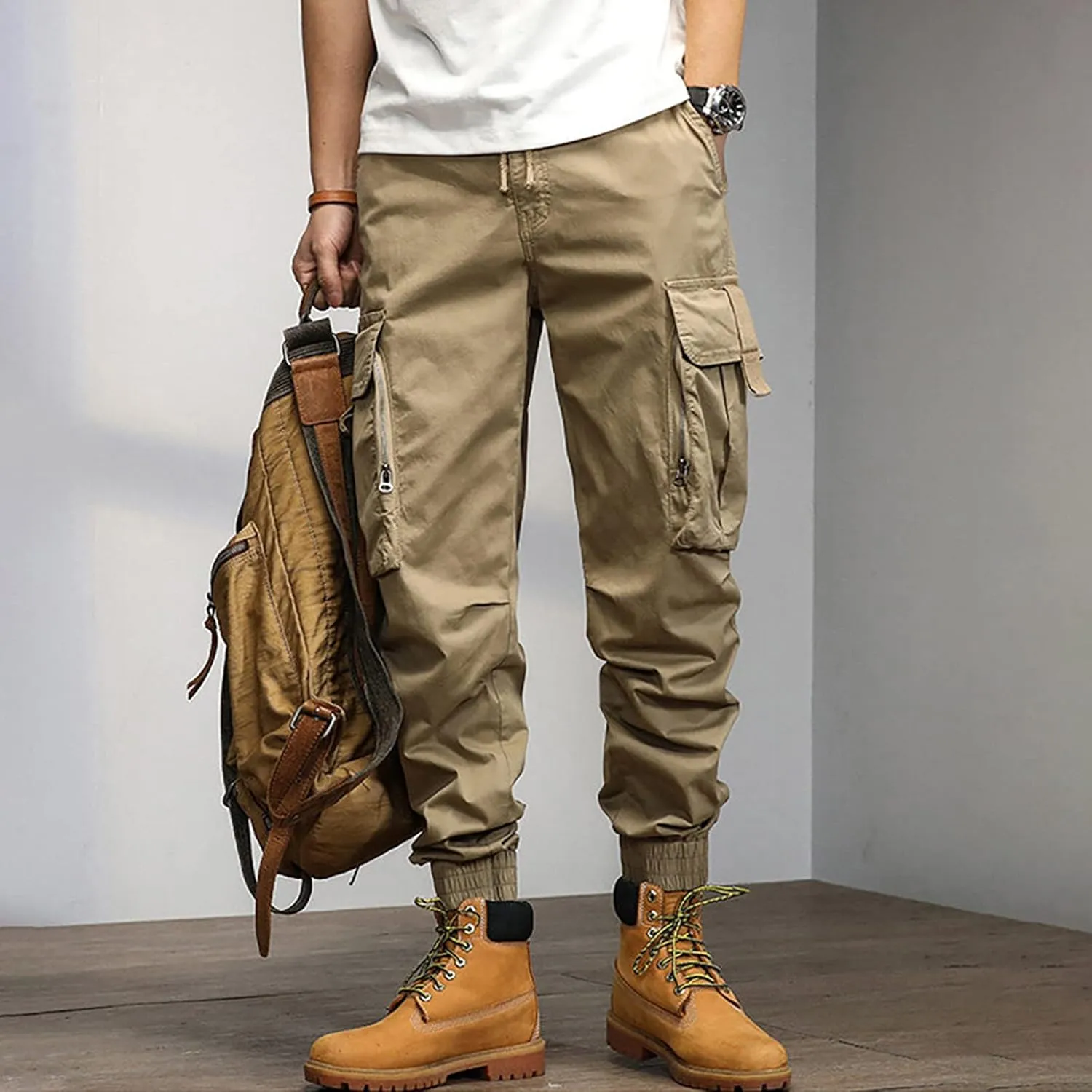 Cargo Trousers for Men Rope Loose Heavyweight Loose Sports Trousers Pockets Pant Mens Cotton Linen Pants Loose Casual