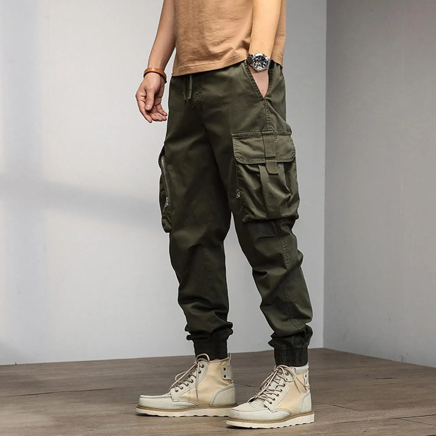 Cargo Trousers for Men Rope Loose Heavyweight Loose Sports Trousers Pockets Pant Mens Cotton Linen Pants Loose Casual