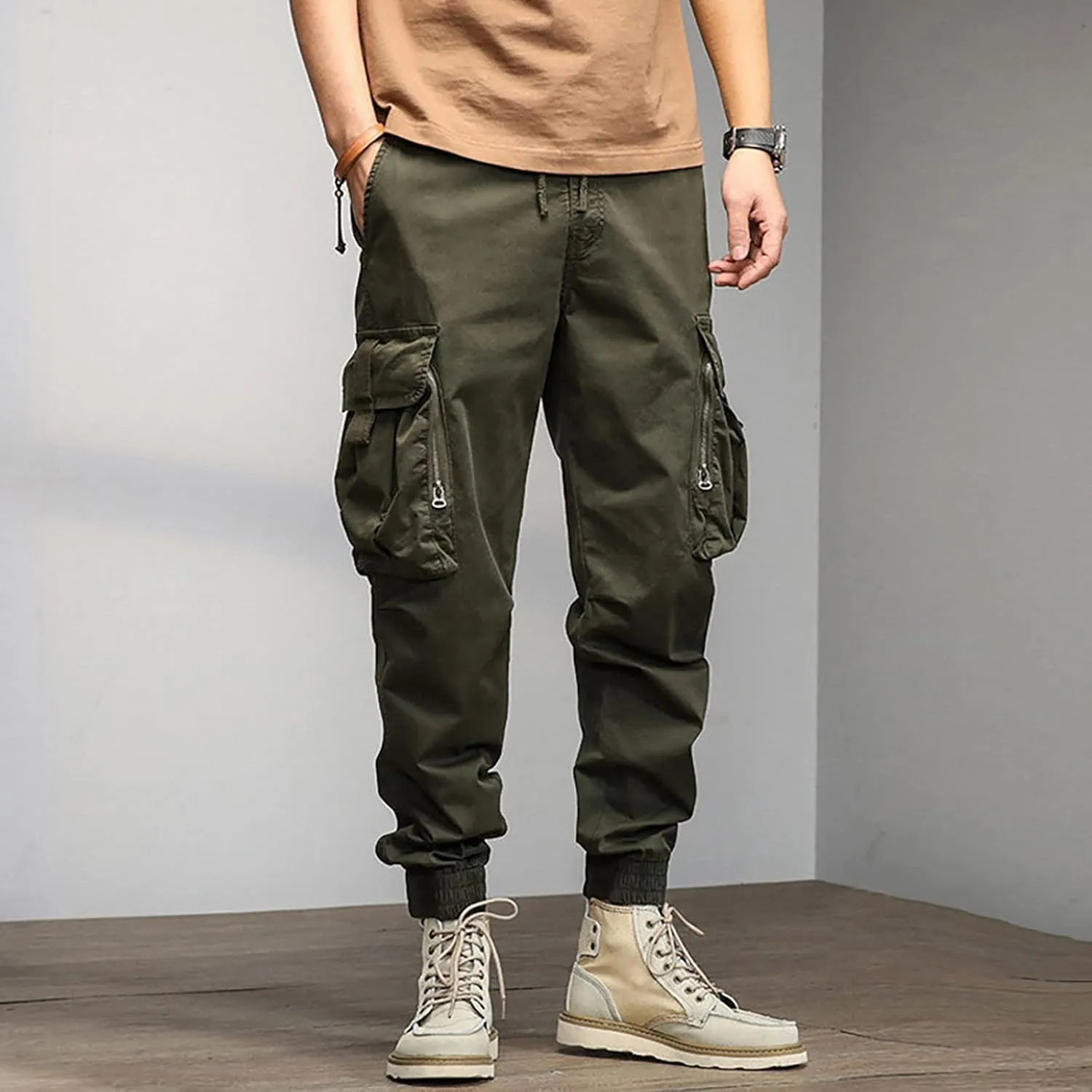 Cargo Trousers for Men Rope Loose Heavyweight Loose Sports Trousers Pockets Pant Mens Cotton Linen Pants Loose Casual
