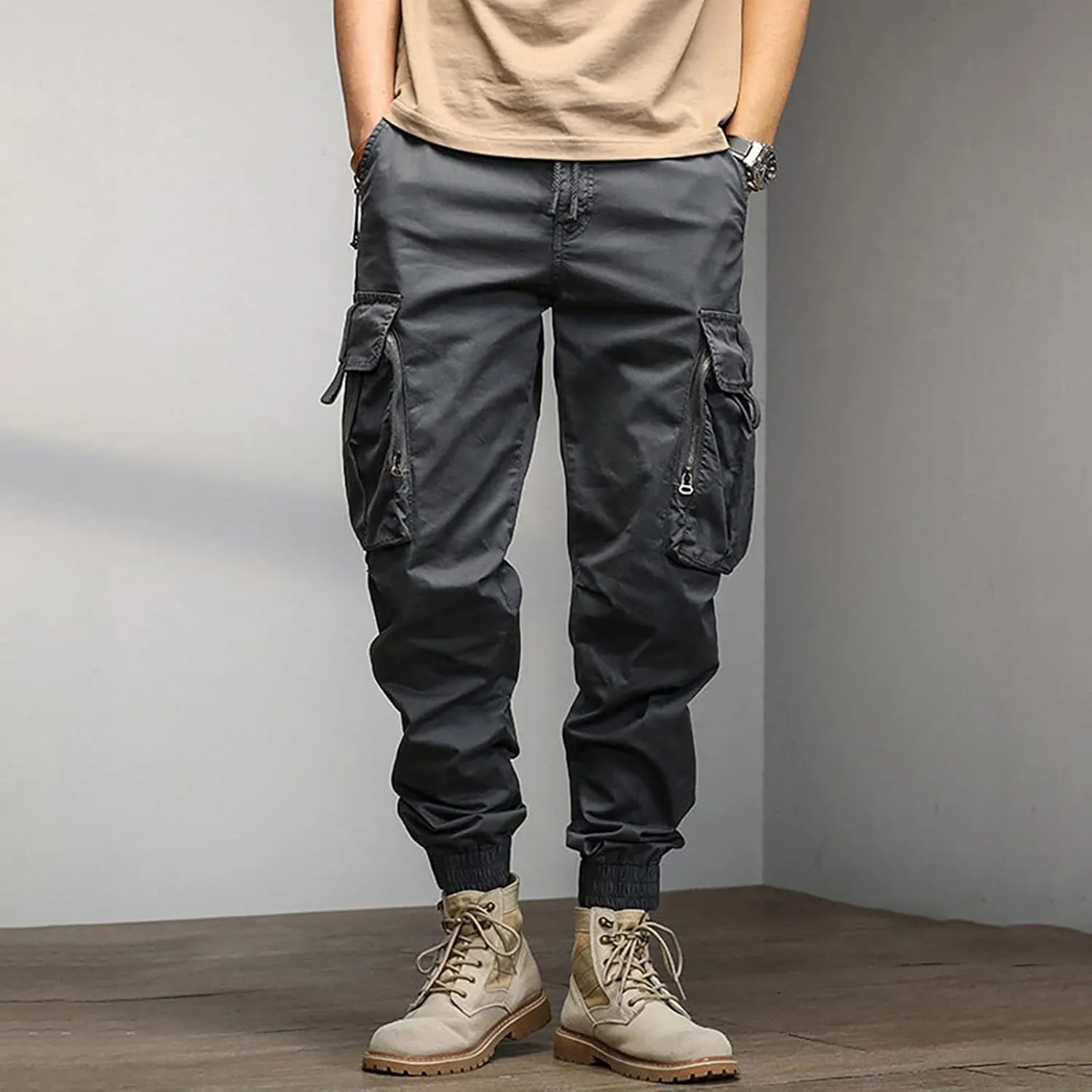 Cargo Trousers for Men Rope Loose Heavyweight Loose Sports Trousers Pockets Pant Mens Cotton Linen Pants Loose Casual