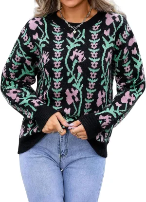 Chunky Sweaters for Women Cute Floral Print Oversized Knit Crewneck Long Sleeve Casual Top