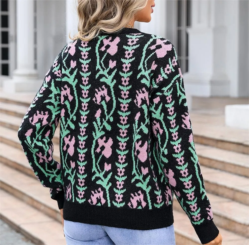 Chunky Sweaters for Women Cute Floral Print Oversized Knit Crewneck Long Sleeve Casual Top