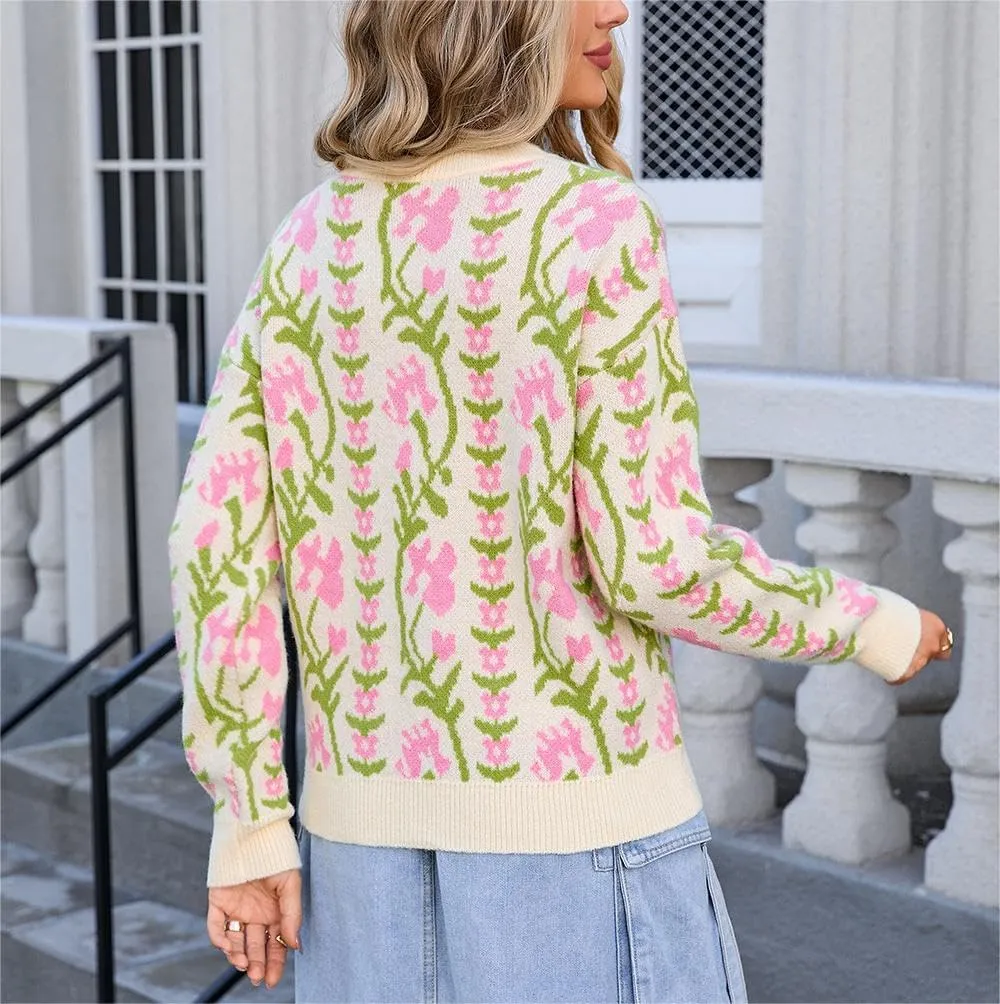 Chunky Sweaters for Women Cute Floral Print Oversized Knit Crewneck Long Sleeve Casual Top