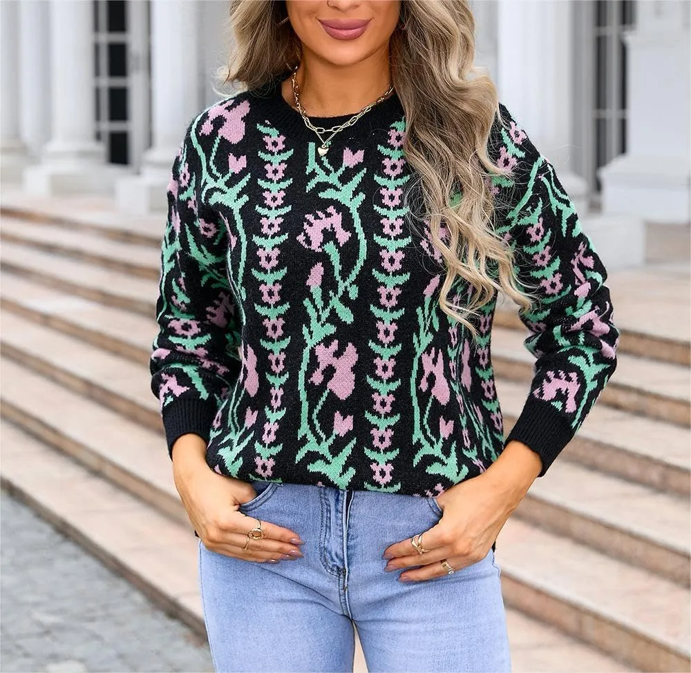 Chunky Sweaters for Women Cute Floral Print Oversized Knit Crewneck Long Sleeve Casual Top