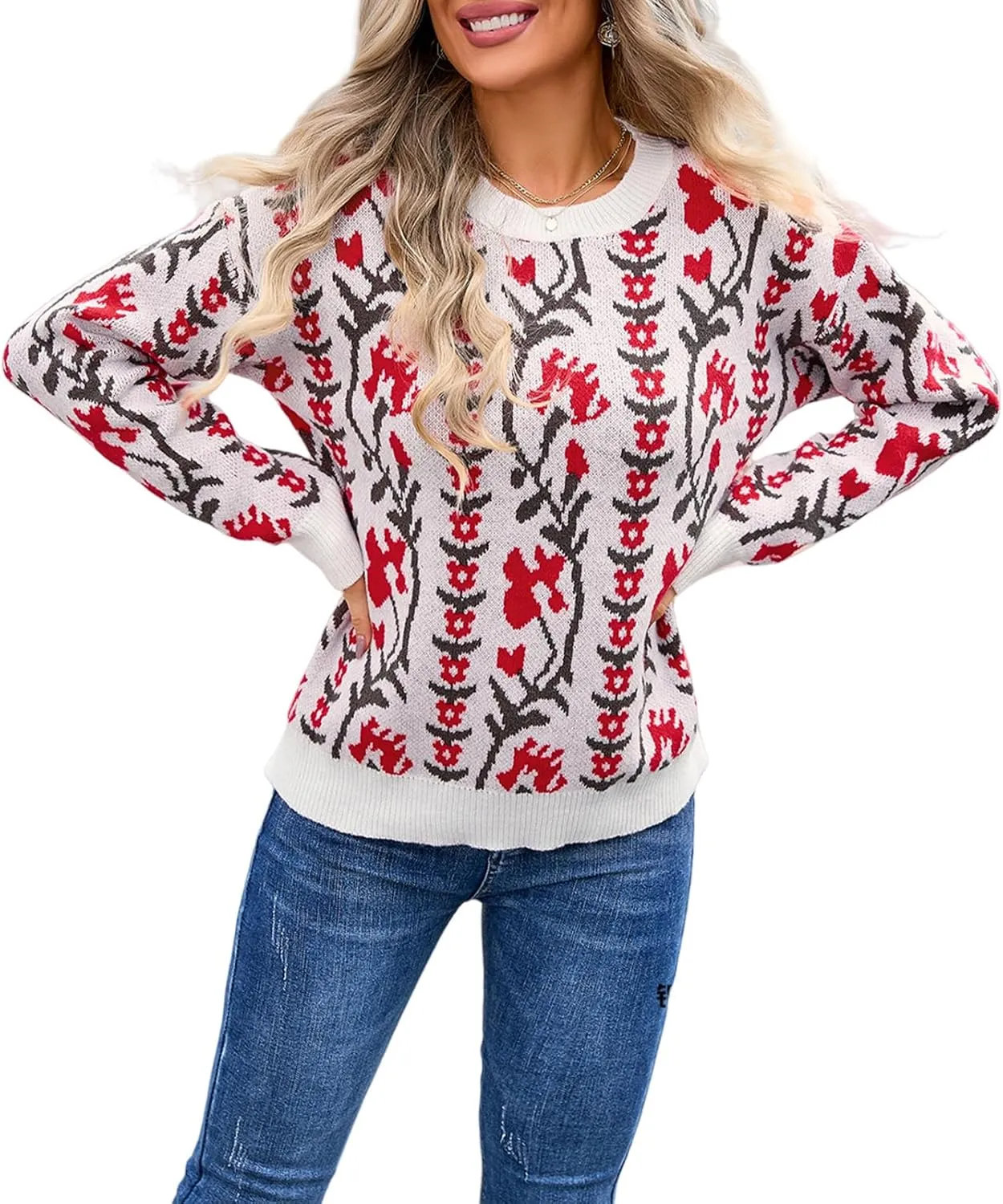 Chunky Sweaters for Women Cute Floral Print Oversized Knit Crewneck Long Sleeve Casual Top