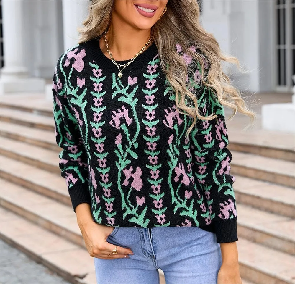 Chunky Sweaters for Women Cute Floral Print Oversized Knit Crewneck Long Sleeve Casual Top